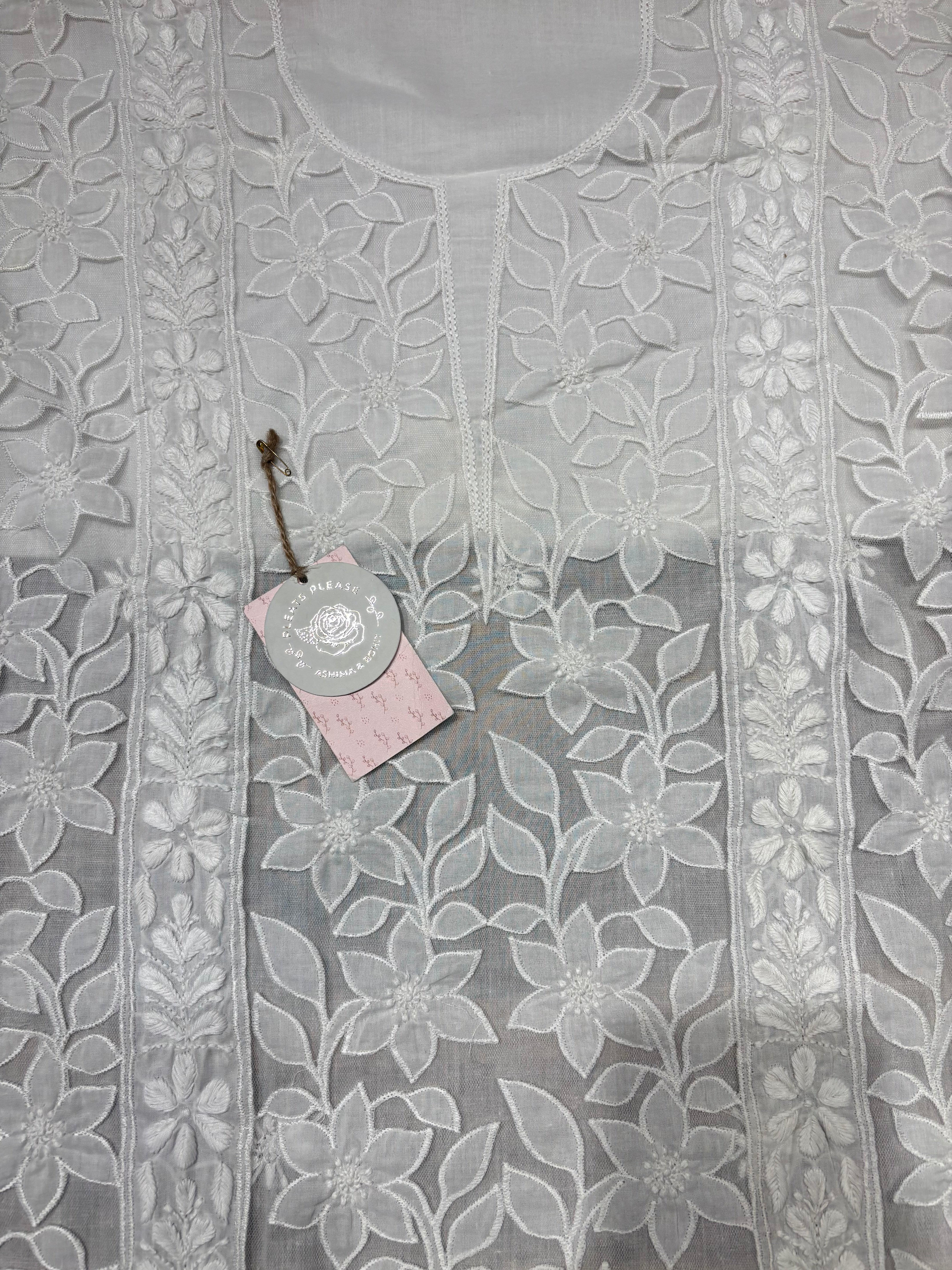 White Mulmul Soft Net Chikankari Applique Kurta And Dupatta Fabric