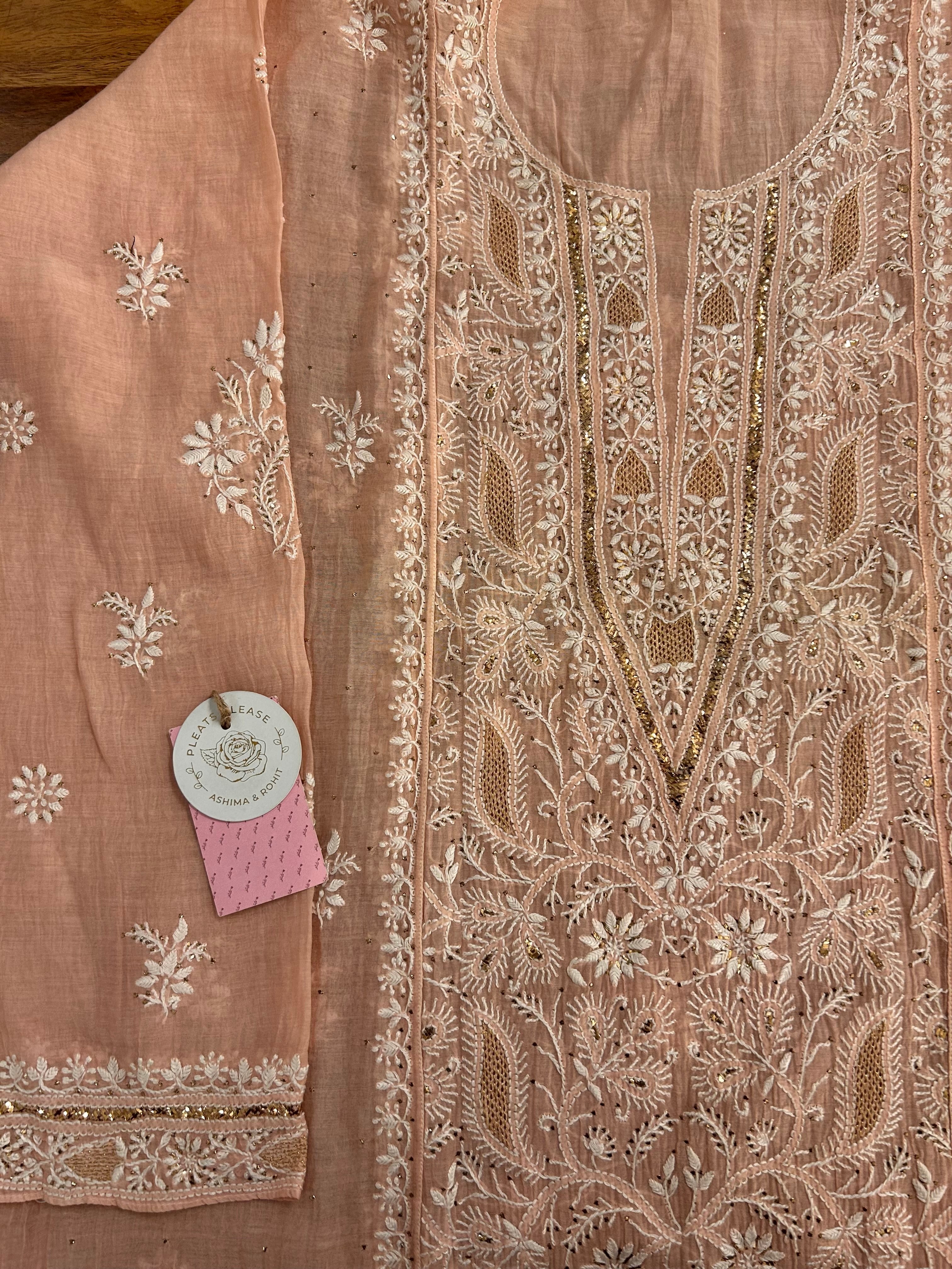 Peach Chanderi Chikankari Mukaish Kurta & Dupatta