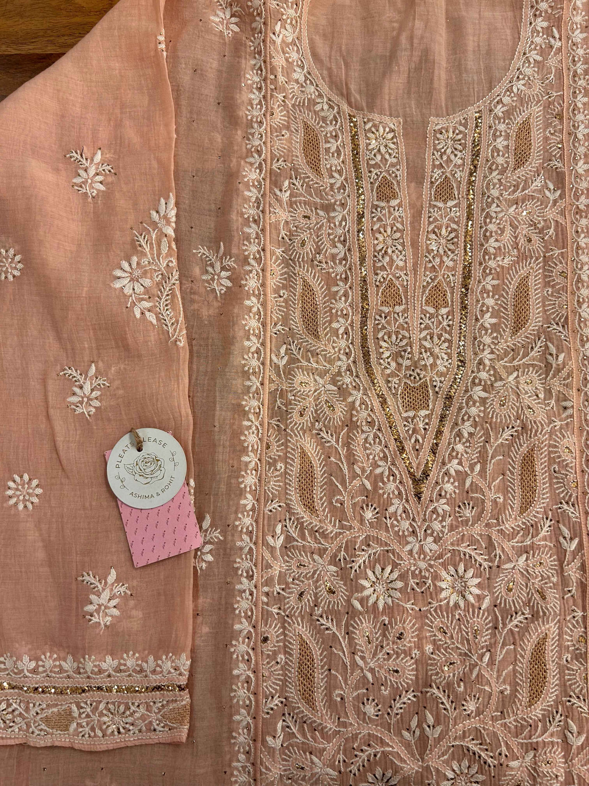 Peach Chanderi Chikankari Mukaish Kurta & Dupatta