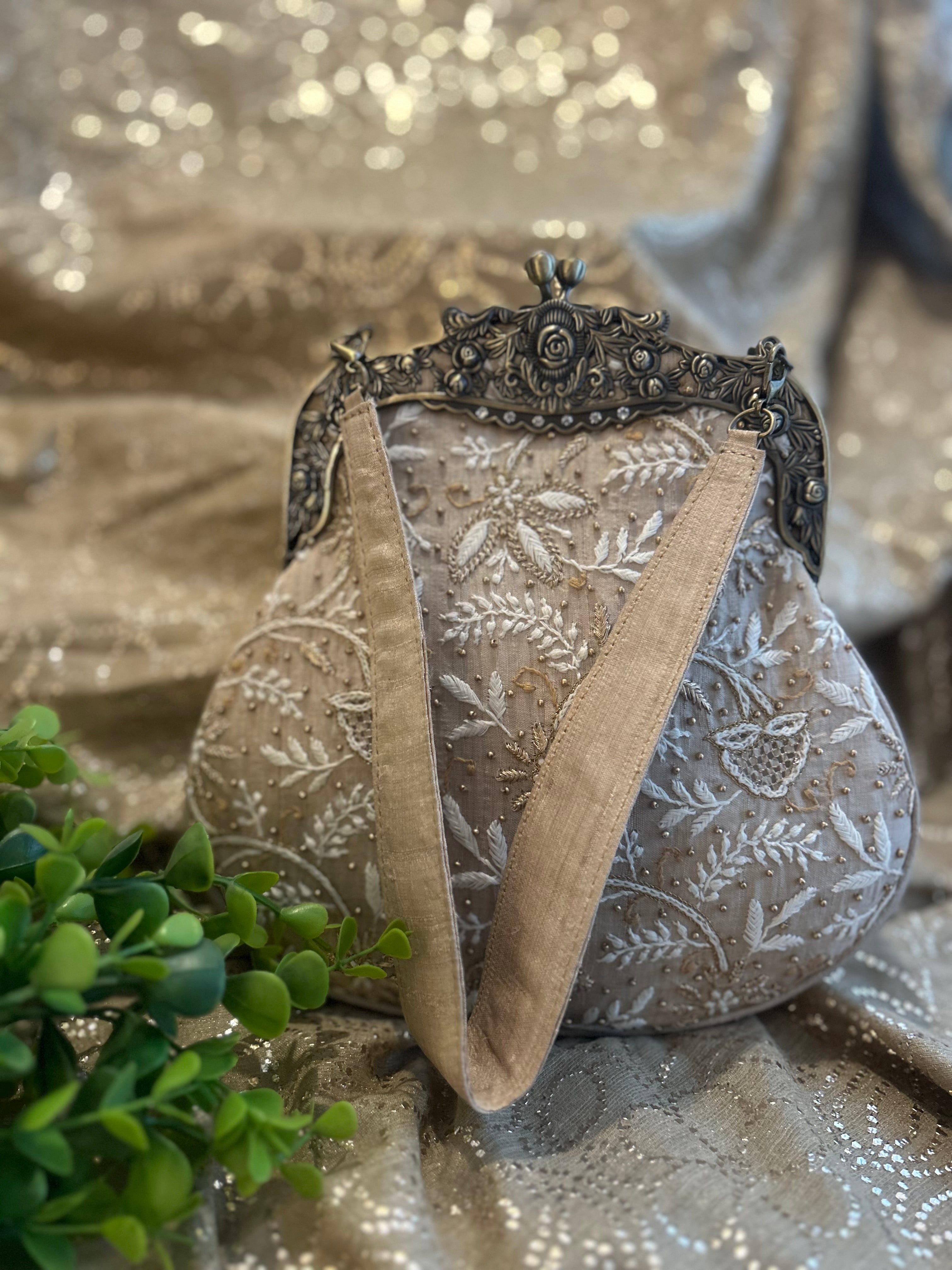 Beige Chikankari Clutch Bag