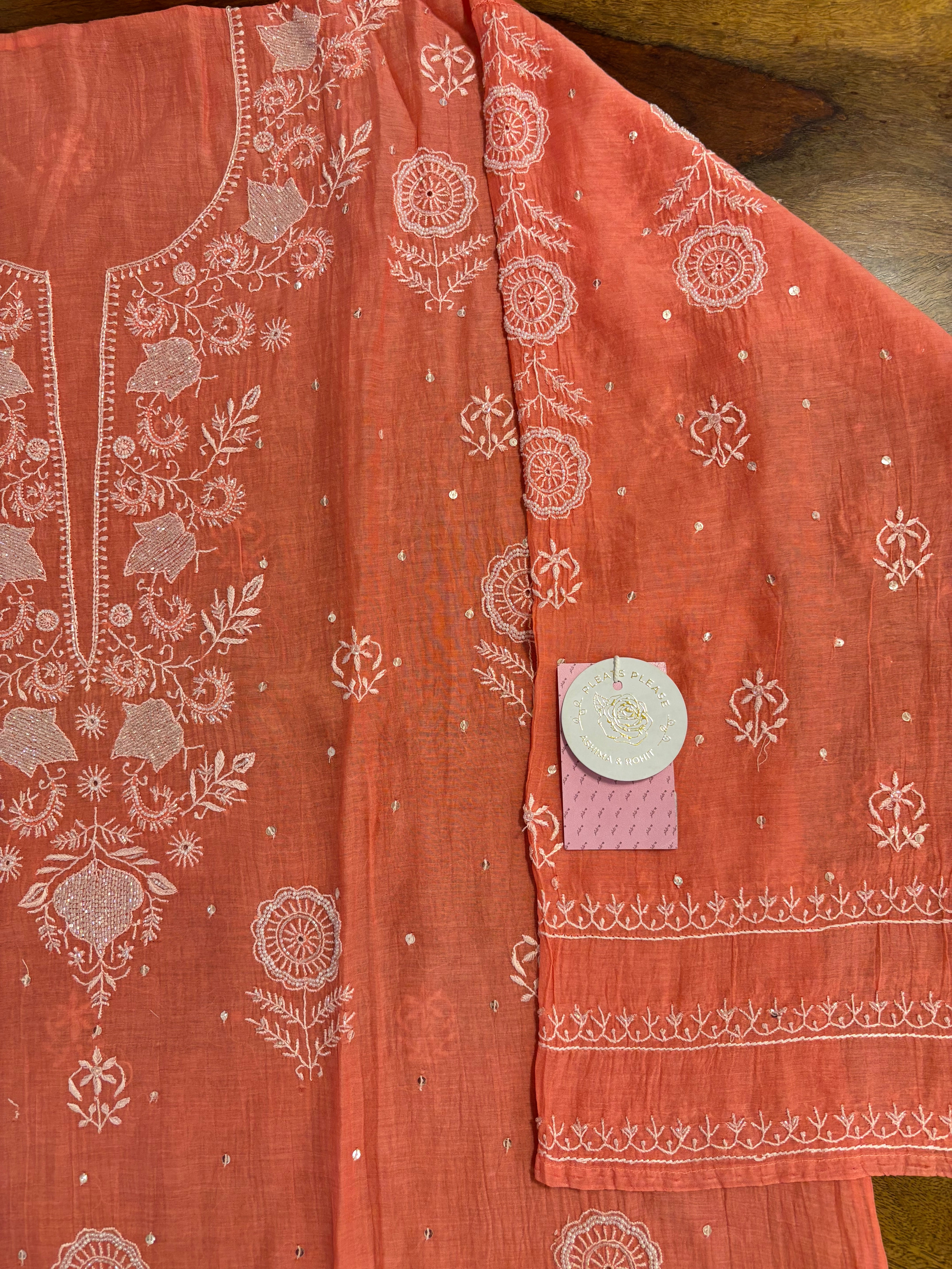 Coral Peach Chanderi Chikankari Kurta & Dupatta