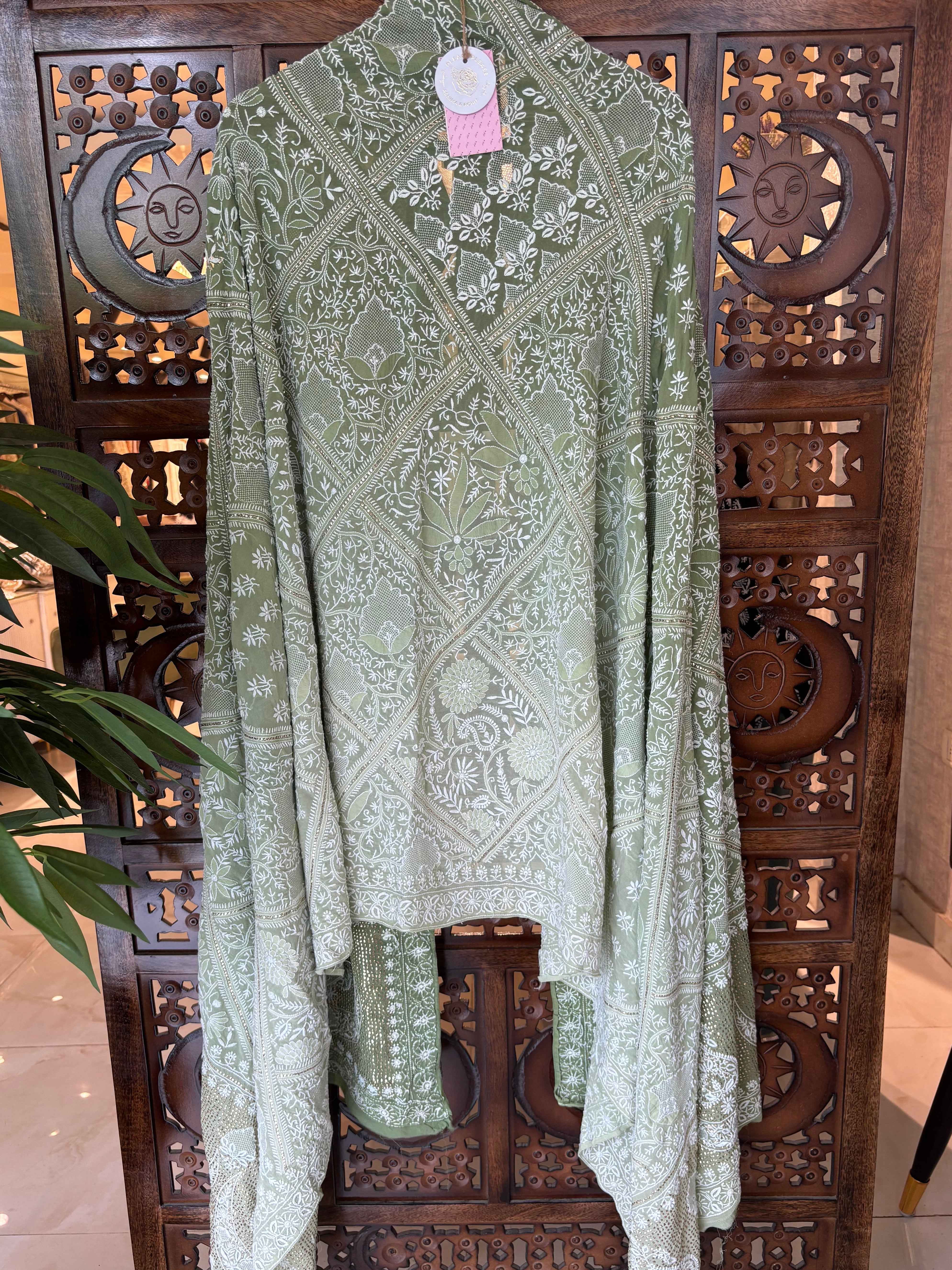 Pastel Green Ombré Chikankari Mukaish Dupatta
