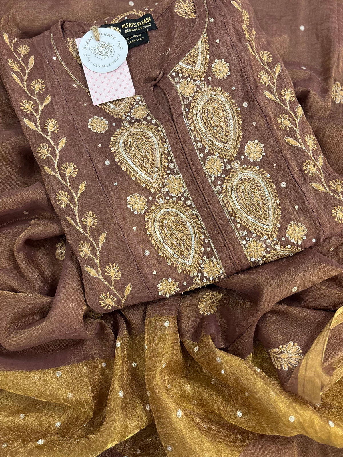 Walnut Brown Pure & Premium Tissue Chikankari Kurta & Dupatta