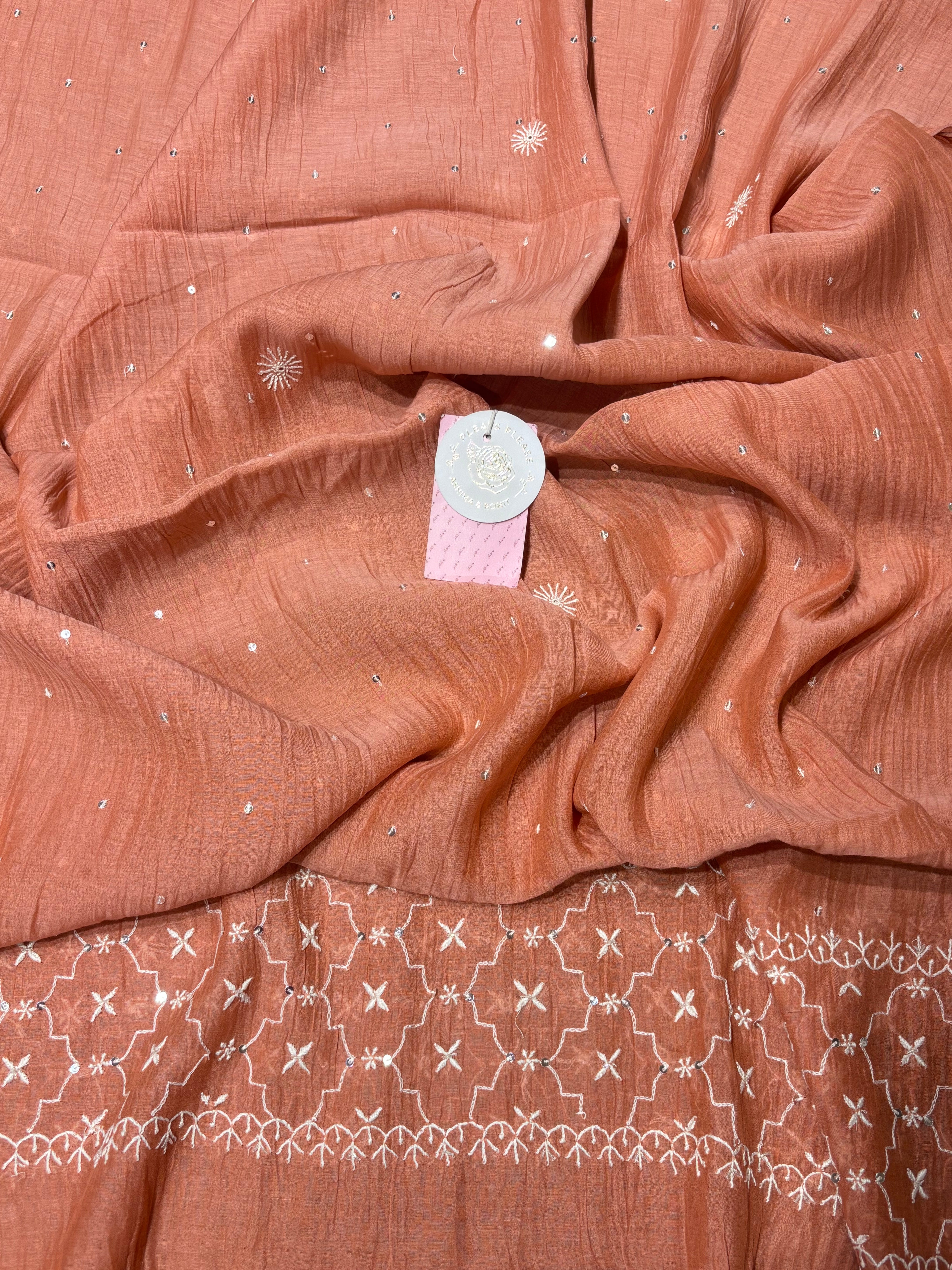 Peach Pure Chanderi Mul Chikankari Kurta & Dupatta
