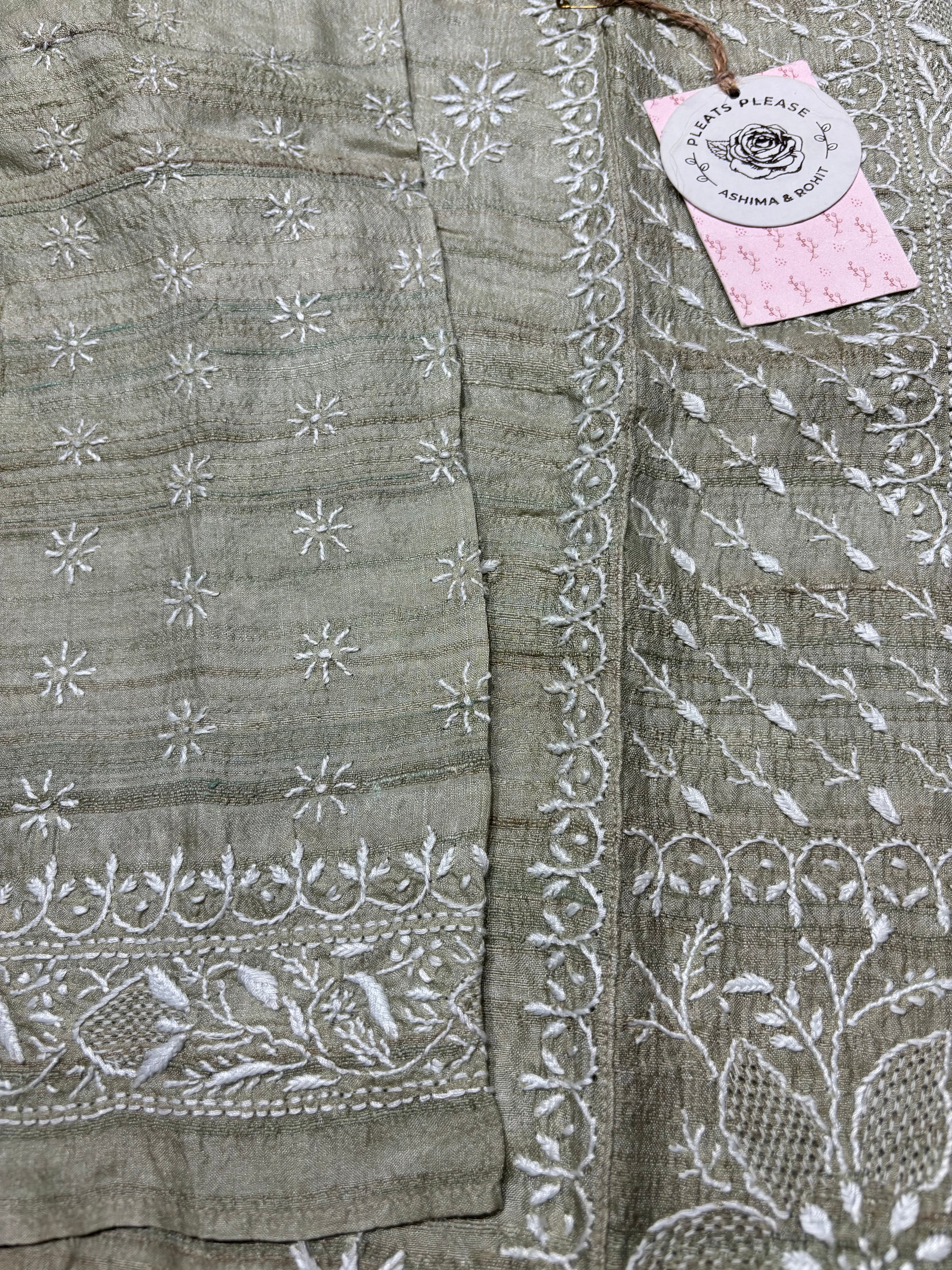 Sage Green Tussar silk Chikankari Kurta and Dupatta set