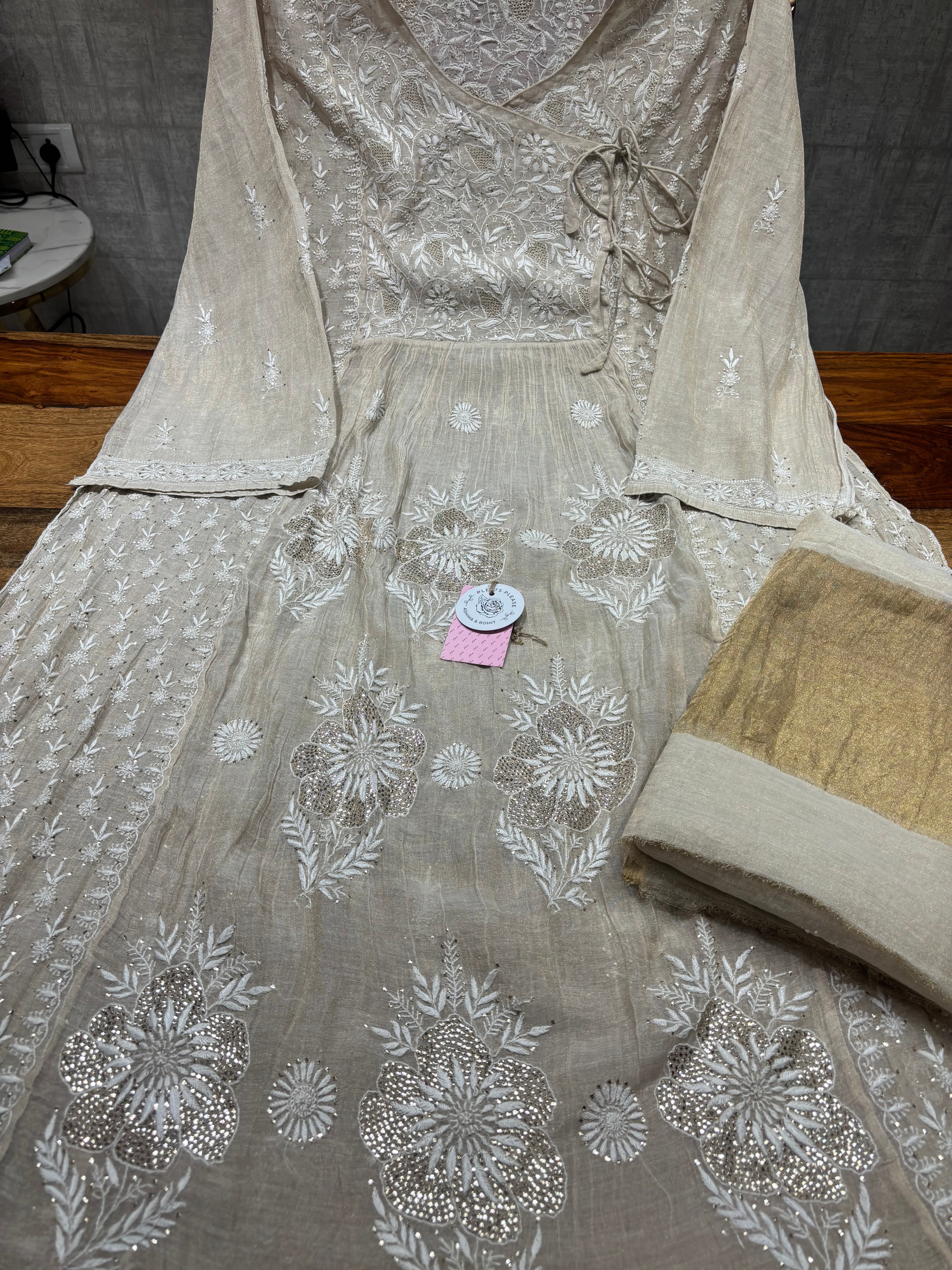 Dyeable Pure & Premium Tissue Chikankari & Mukaish Angrakha Kurta & Dupatta Set