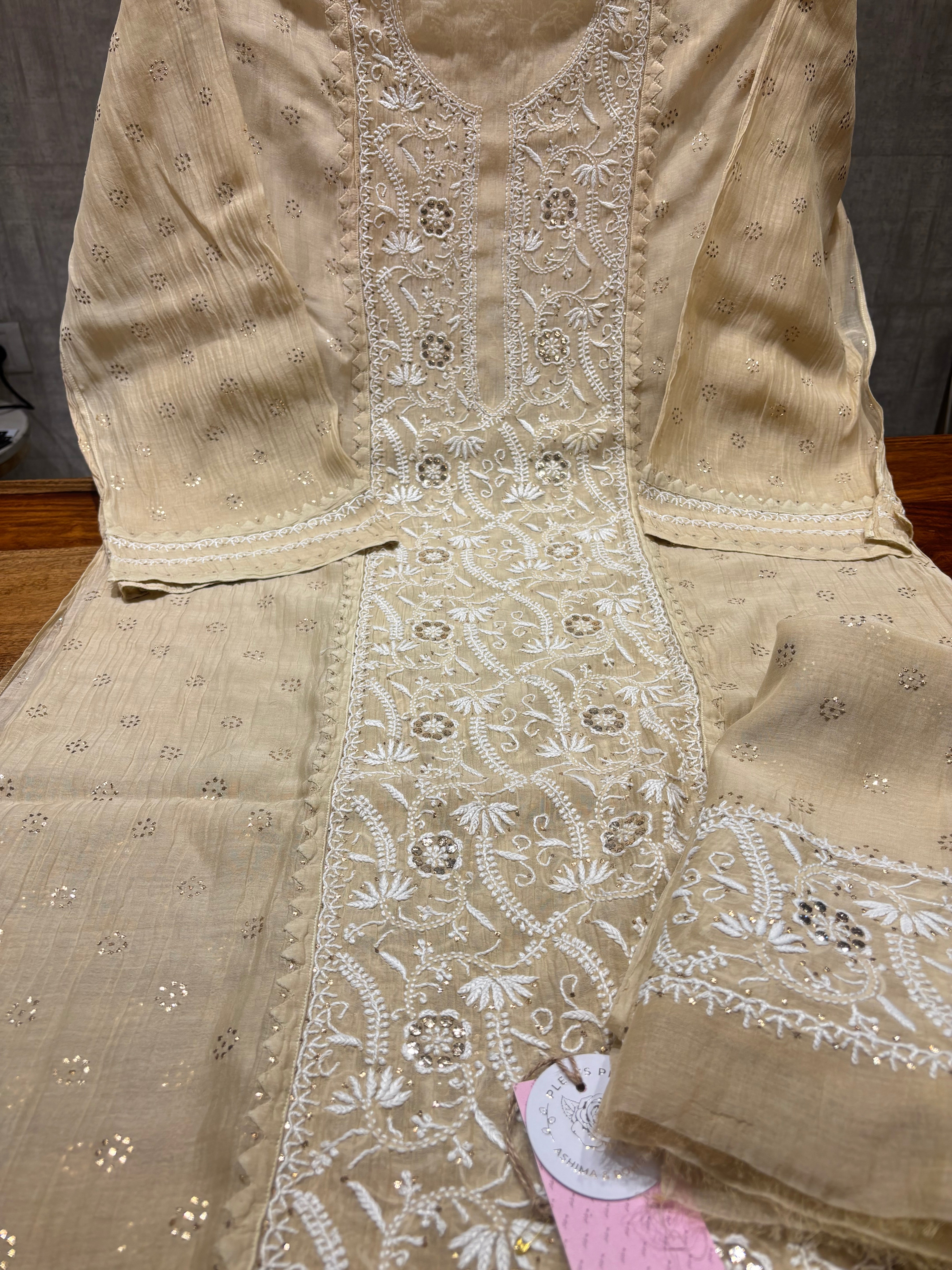 Beige Chanderi Mul Chikankari and Mukaish kurta and Dupatta set