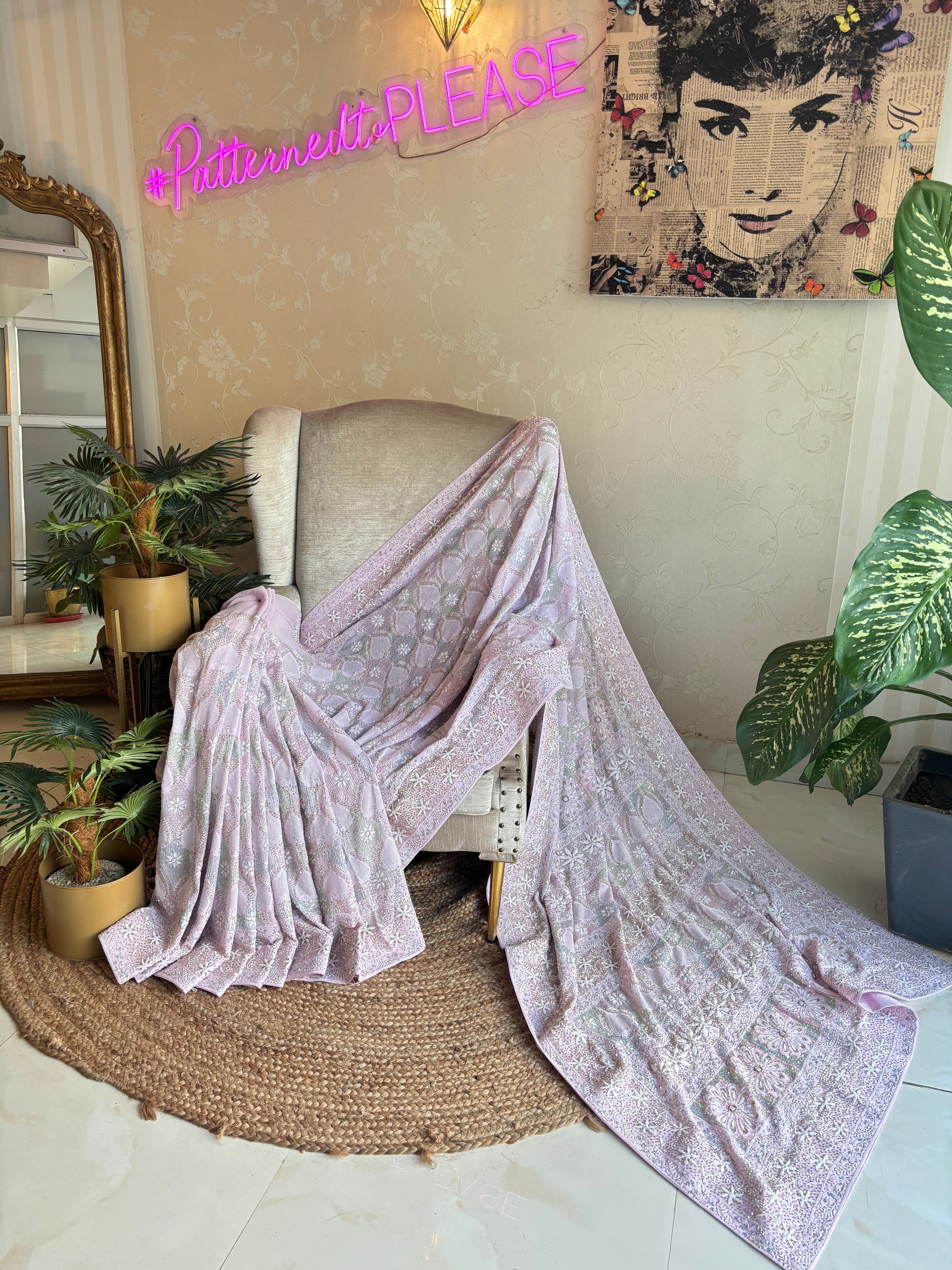 Lilac Pure Georgette Chikankari Saree and Blouse