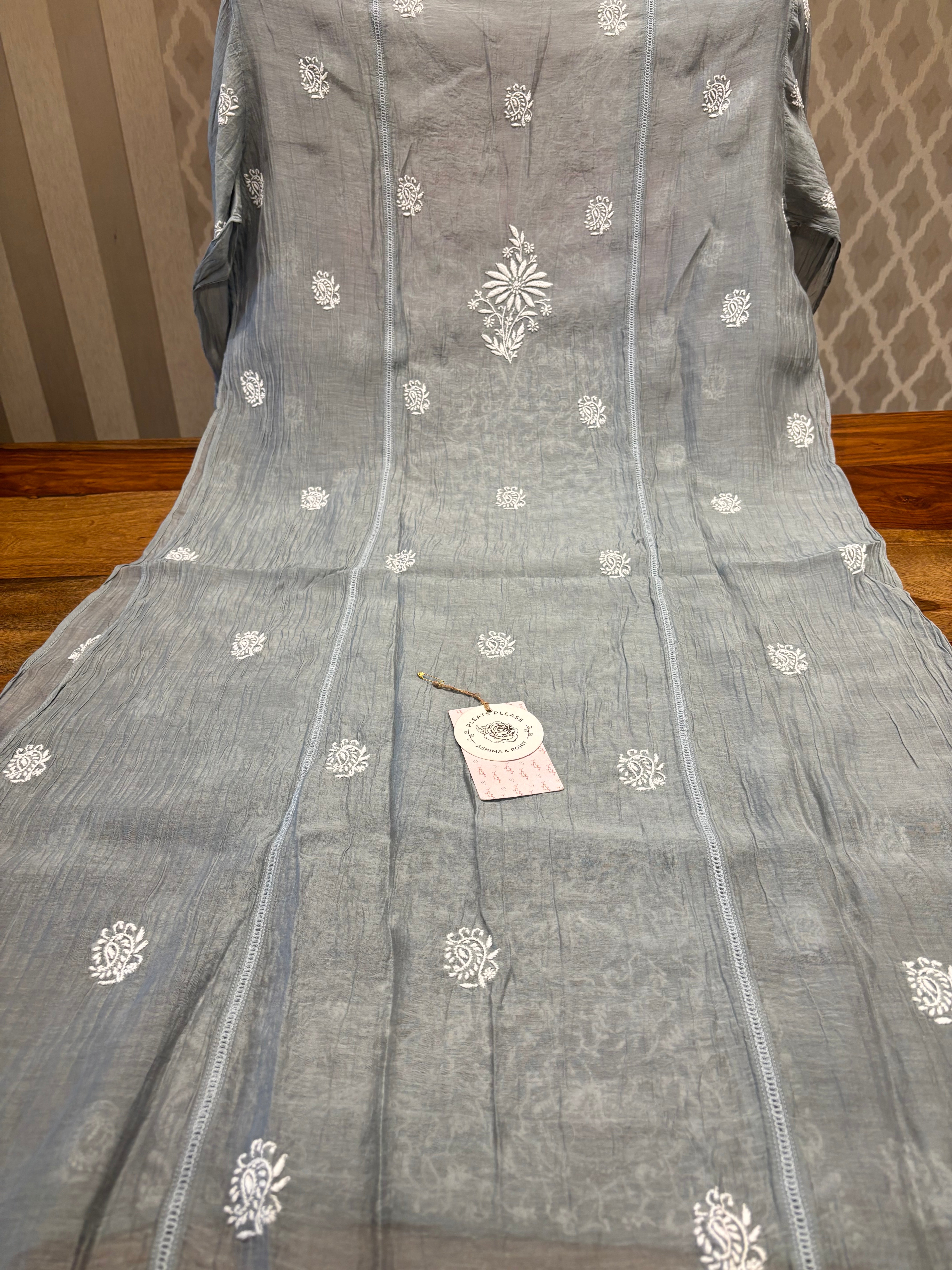 Gray Chanderi Mul Only Chikankari Kurta and Dupatta
