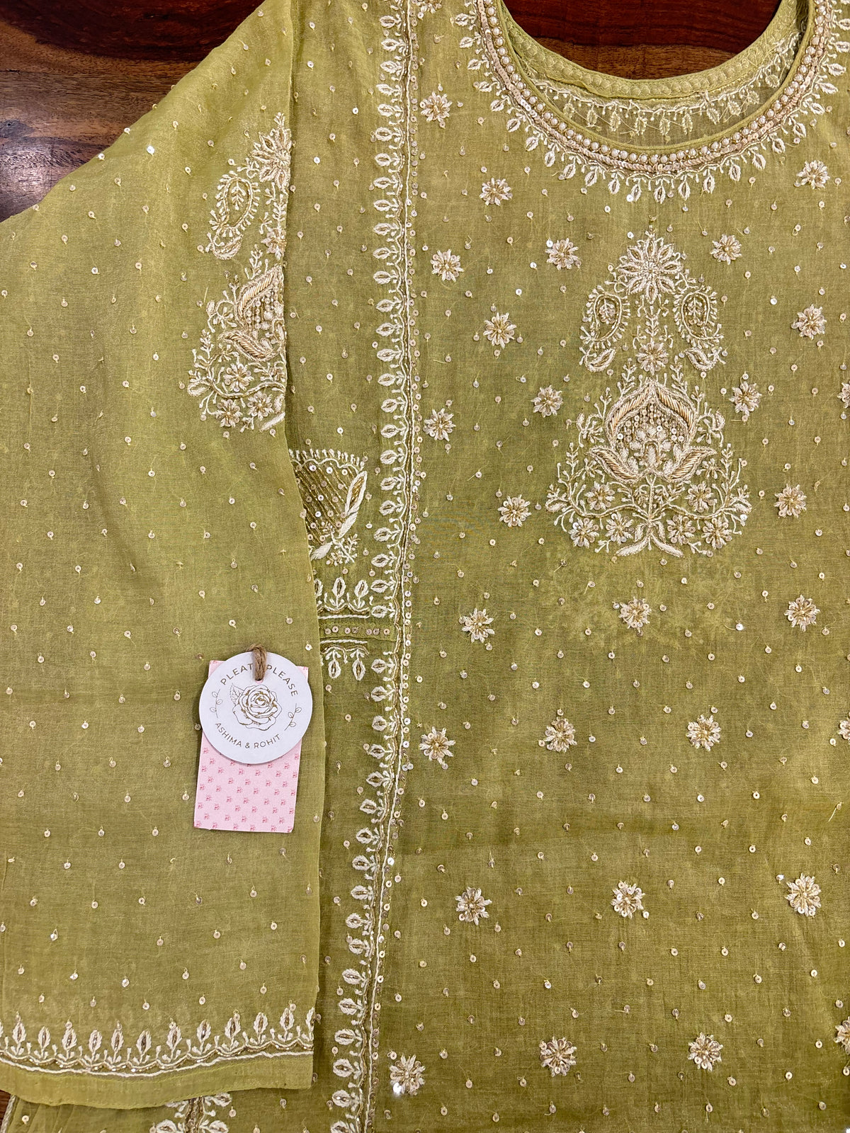 Warm Green Pure & Premium Tissue Pearl Neckline Chikankari Kurta & Dupatta