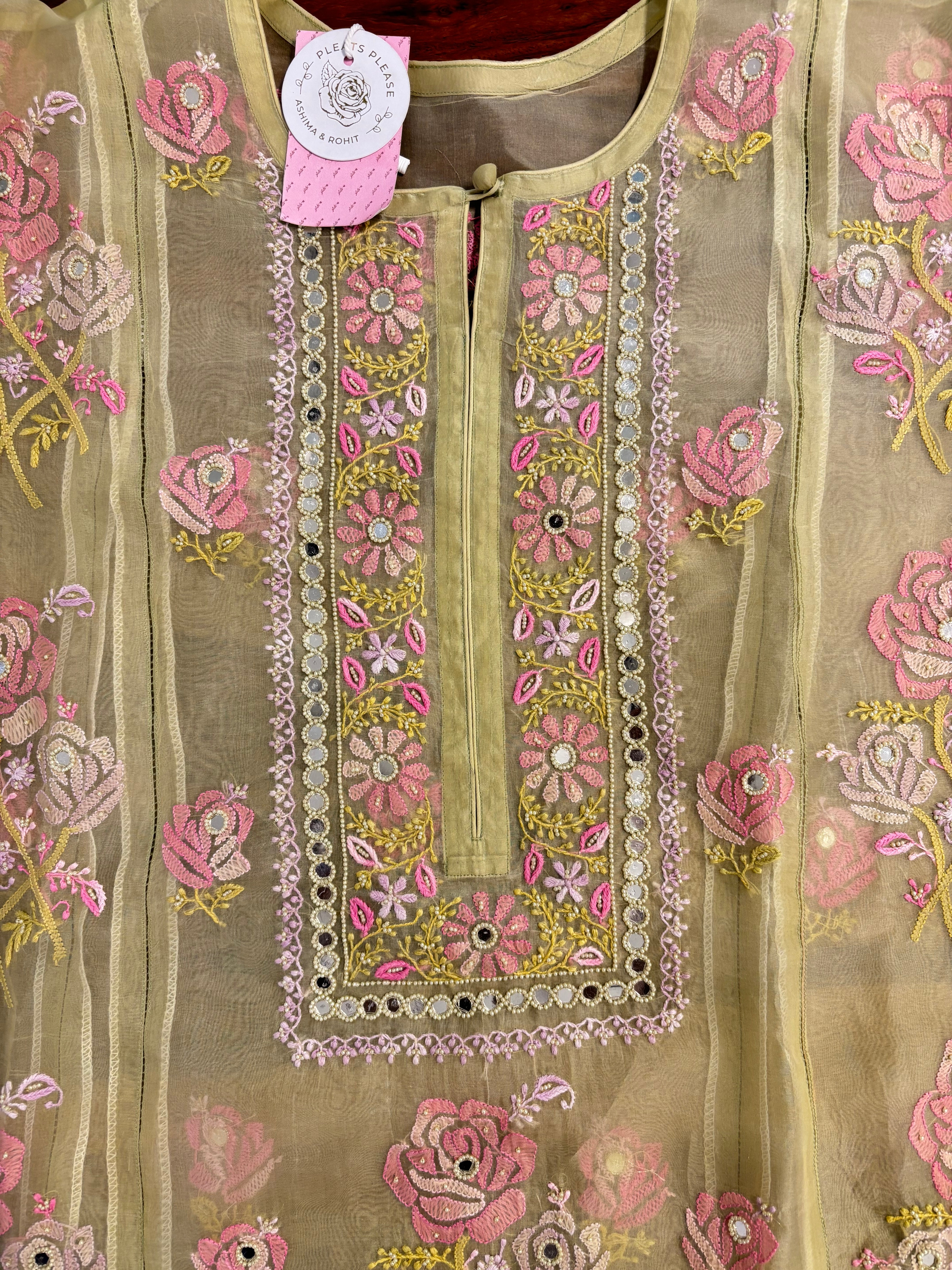 Champagne Gold Pure Organza Silk Chikankari Kurta & Dupatta