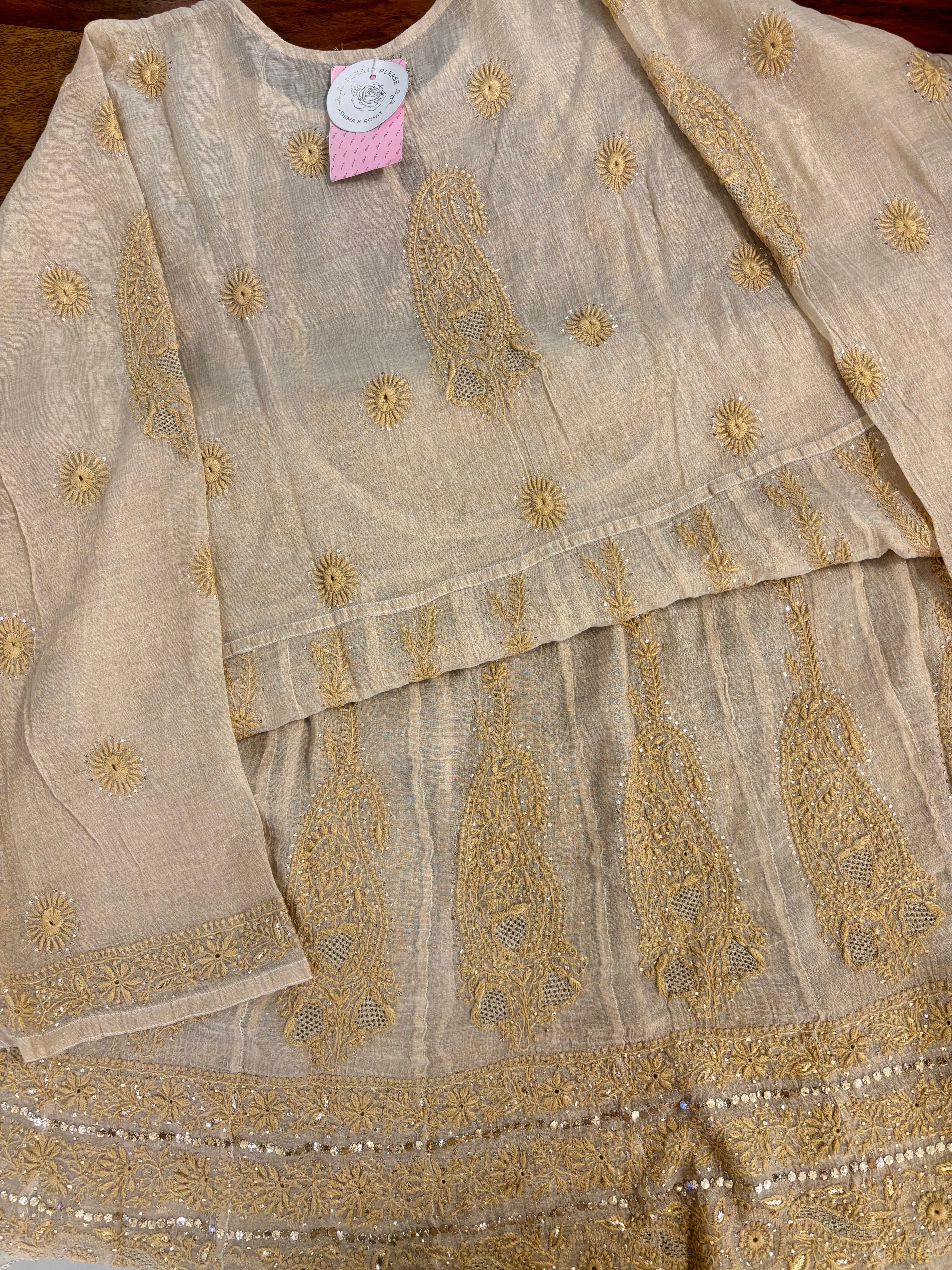 Dyeable Pure & Premium Tissue Mukaish Chikankari Bajirao Anarkali & Dupatta - Pleats PleaseChikankari