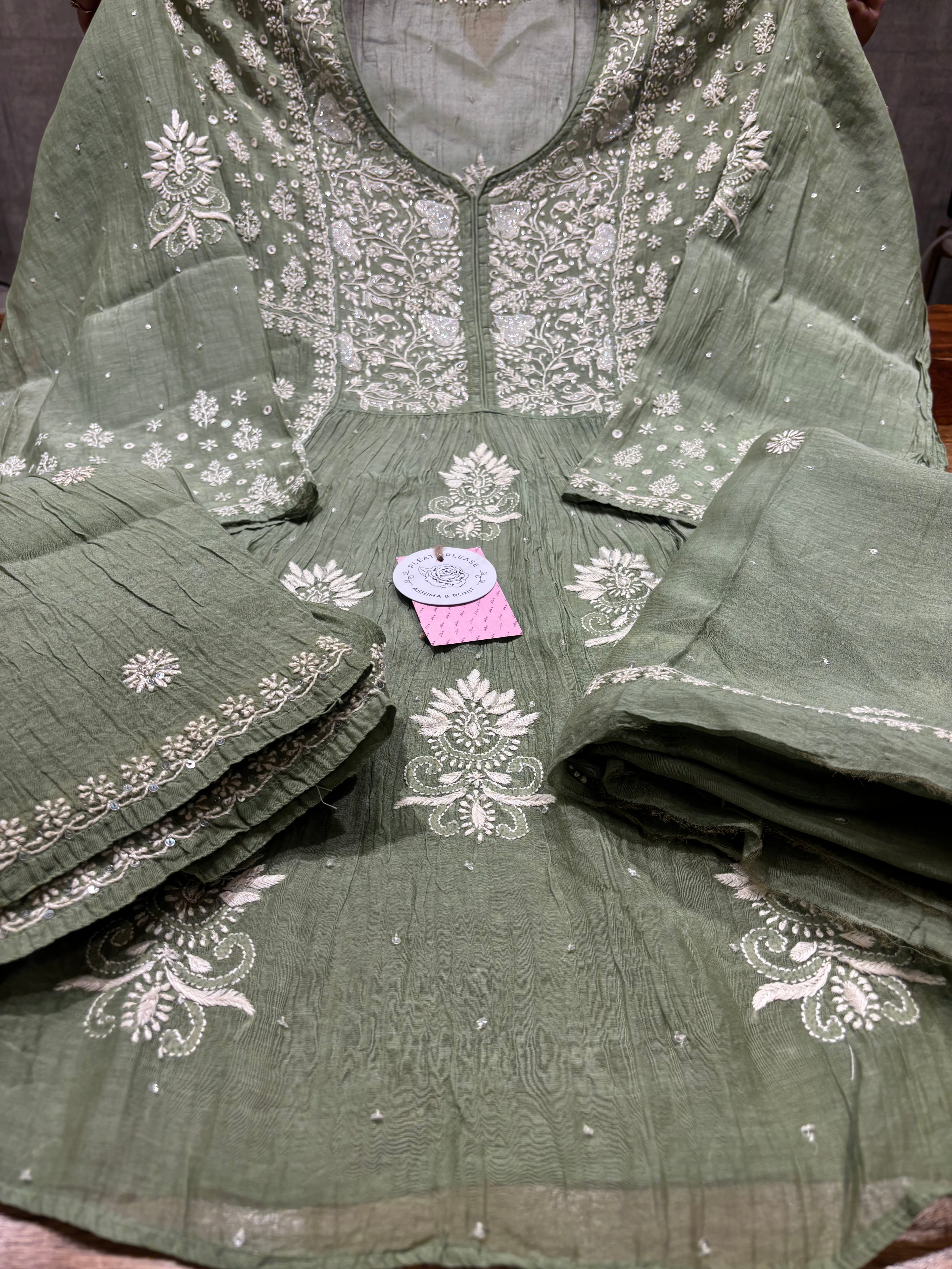 Sage Green Chanderi Mul Chikankari Kurta, Sharara & Dupatta Set