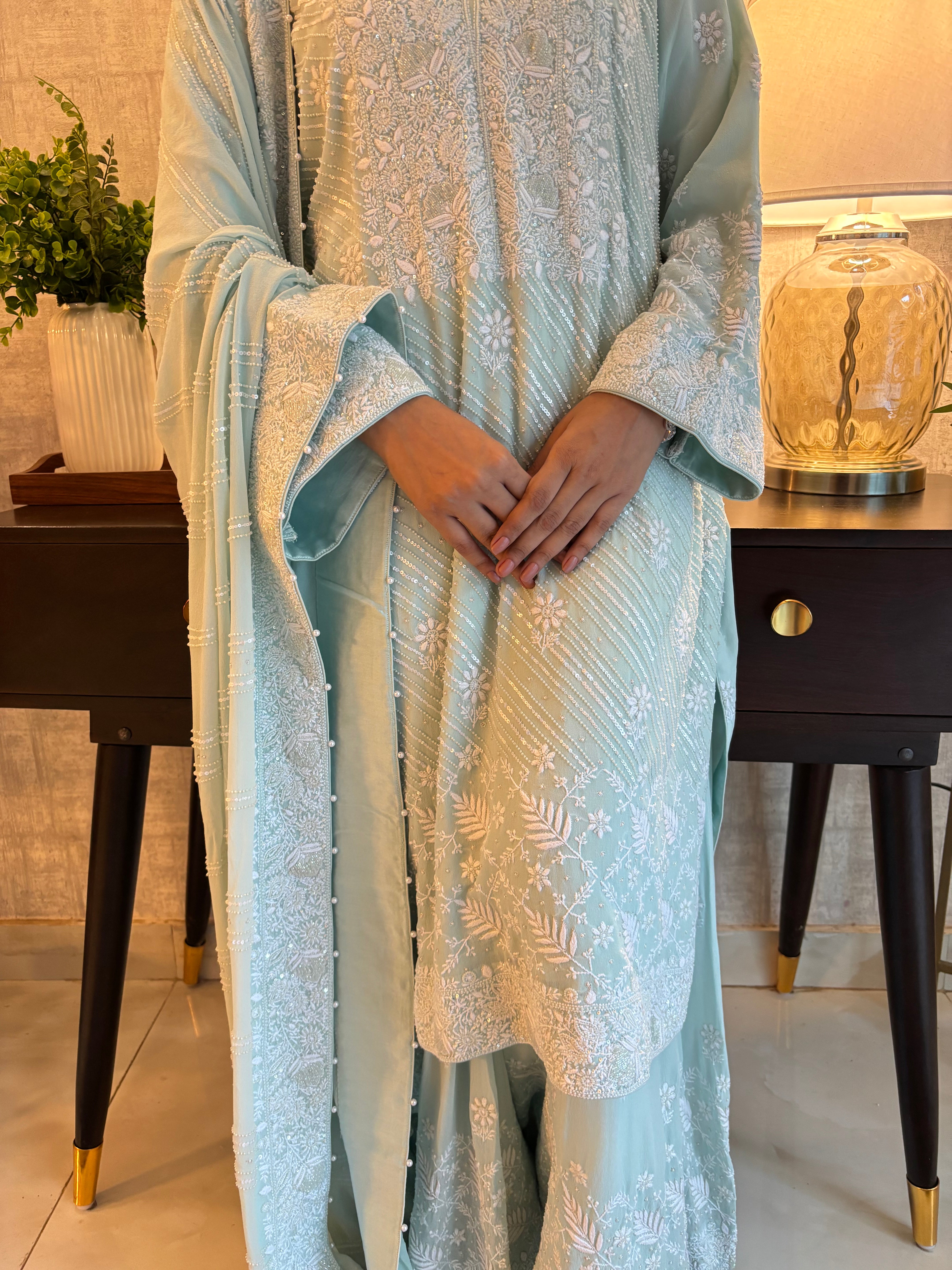Ice Blue Pure & Premium Georgette Kurta, Sharara & Dupatta Set