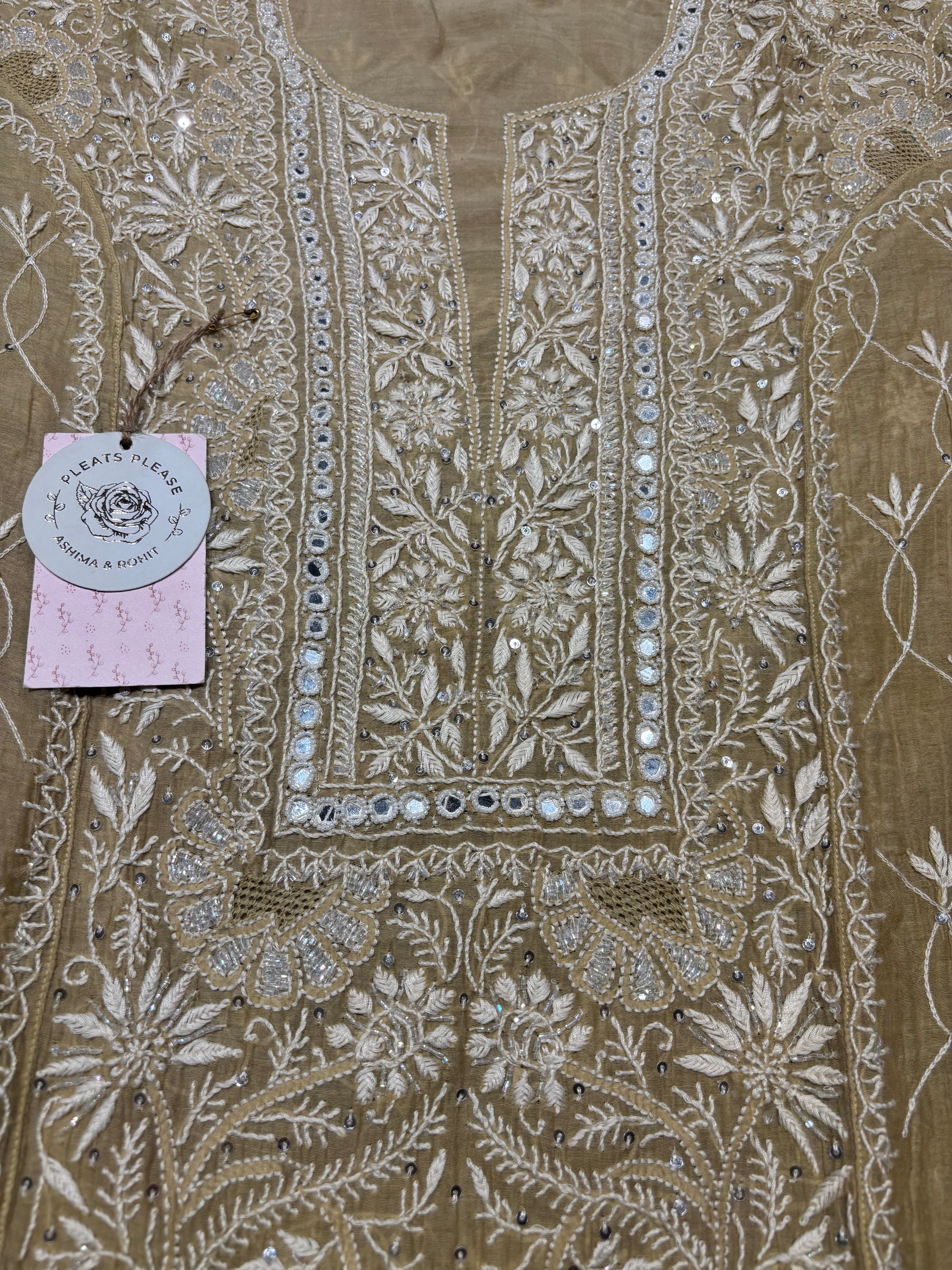 Golden Chanderi Mul Chikankari Kurta and Dupatta set