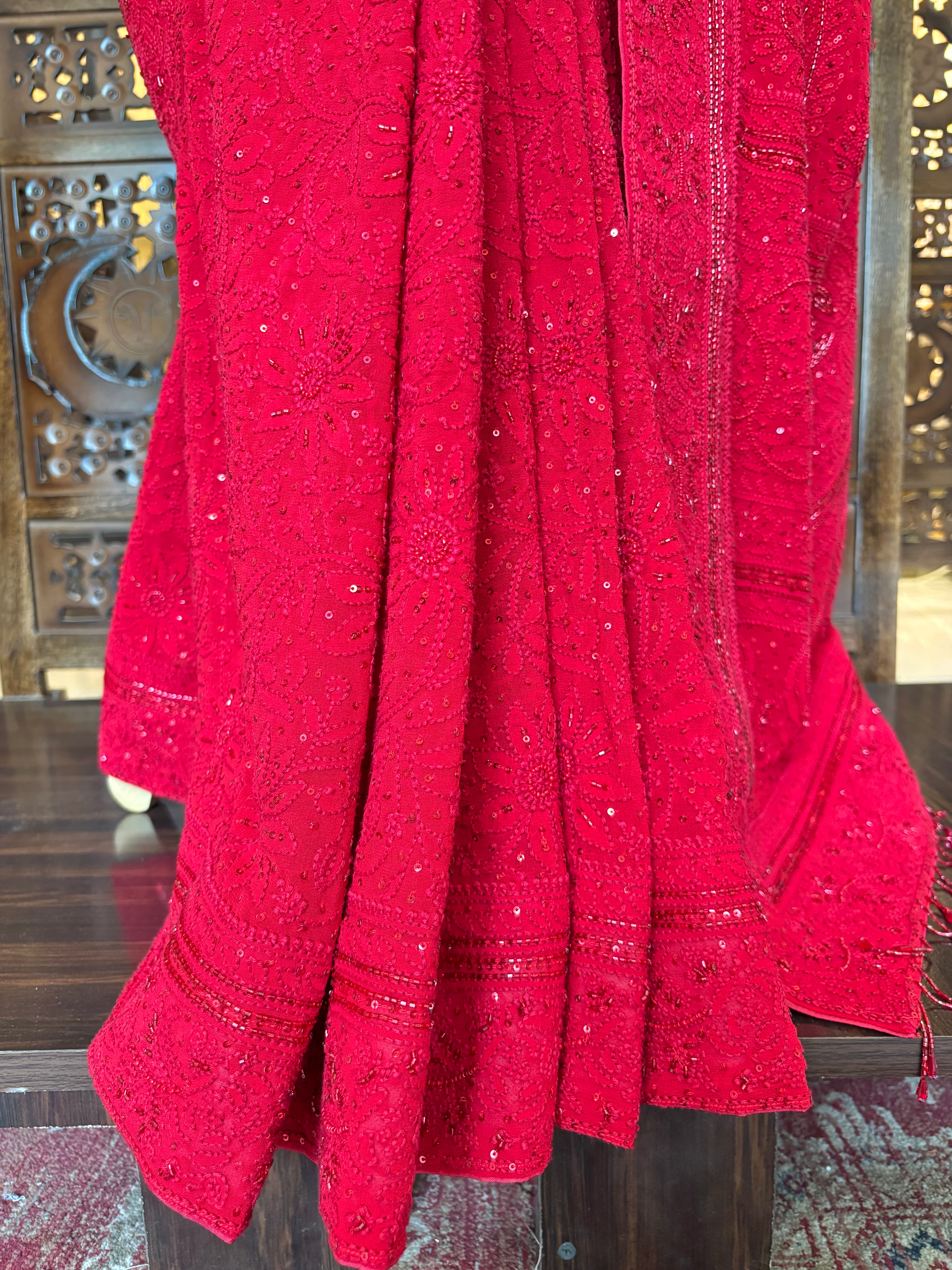 Crimson Red Pure & Premium Georgette Chikankari Saree - Pleats PleaseChikankari