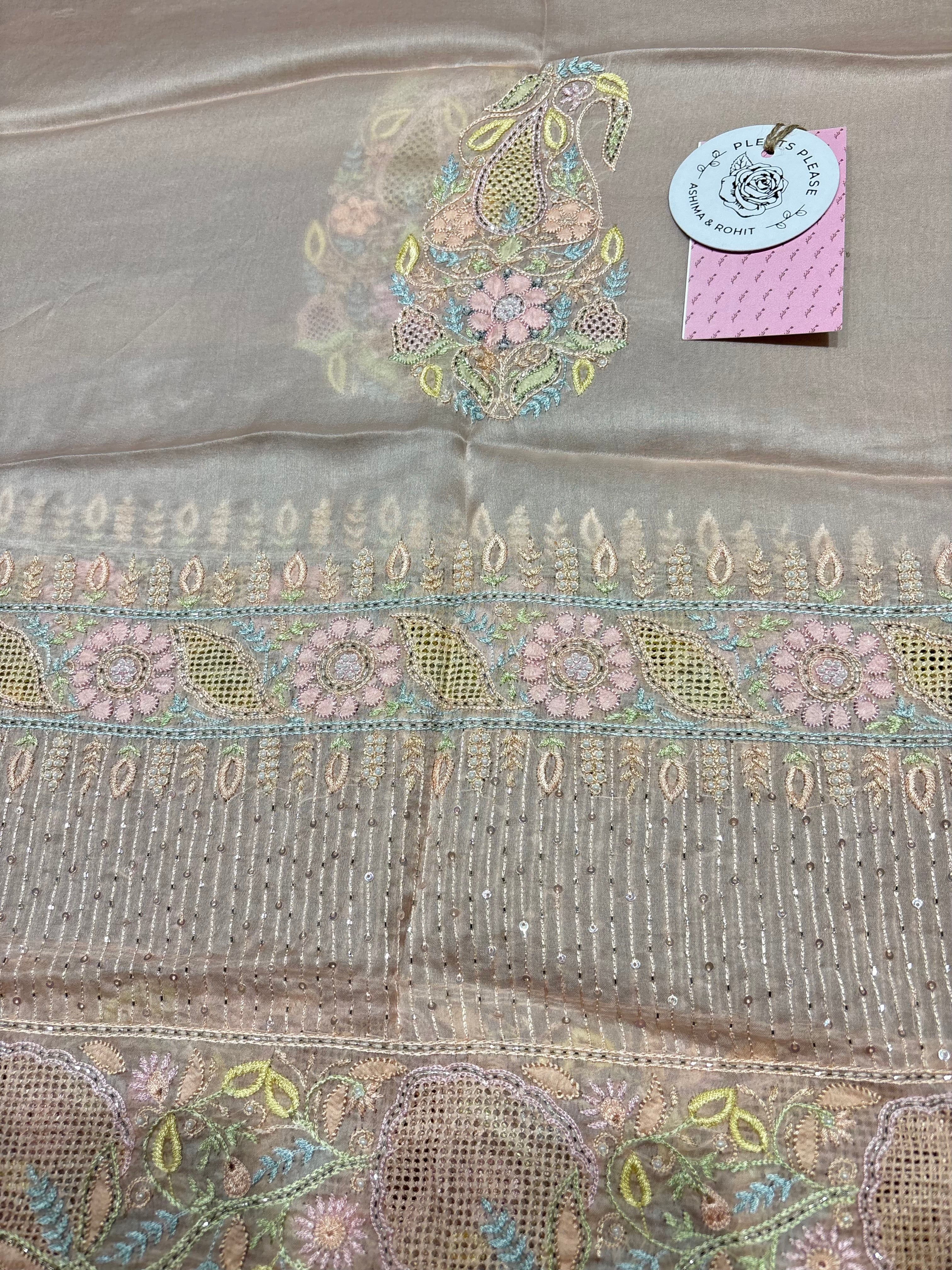 Peach Pure & Premium Organza Silk Chikankari Kurta & Dupatta Fabric
