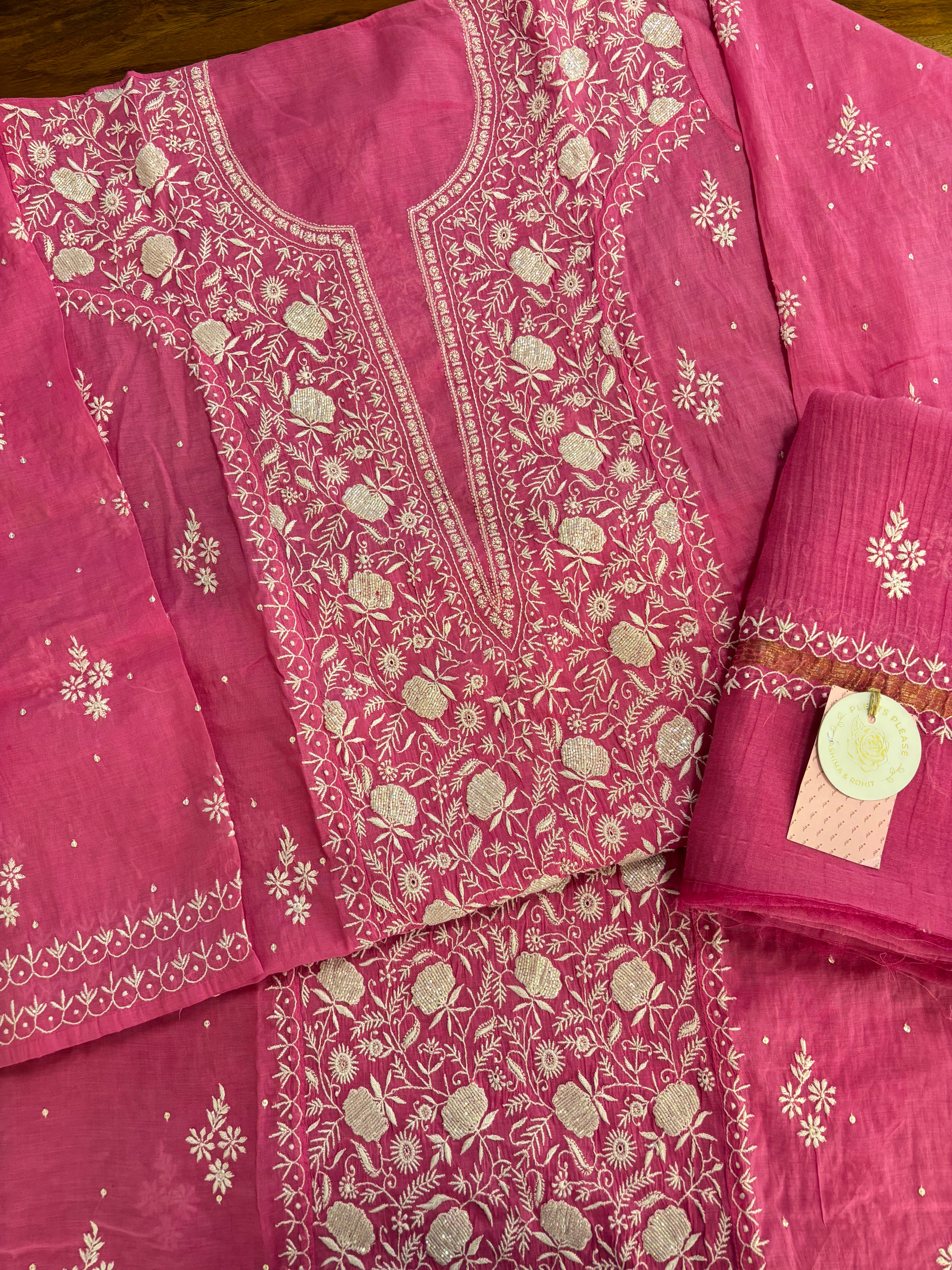 Magenta Chanderi Cotton Chikankari Kurta & Dupatta