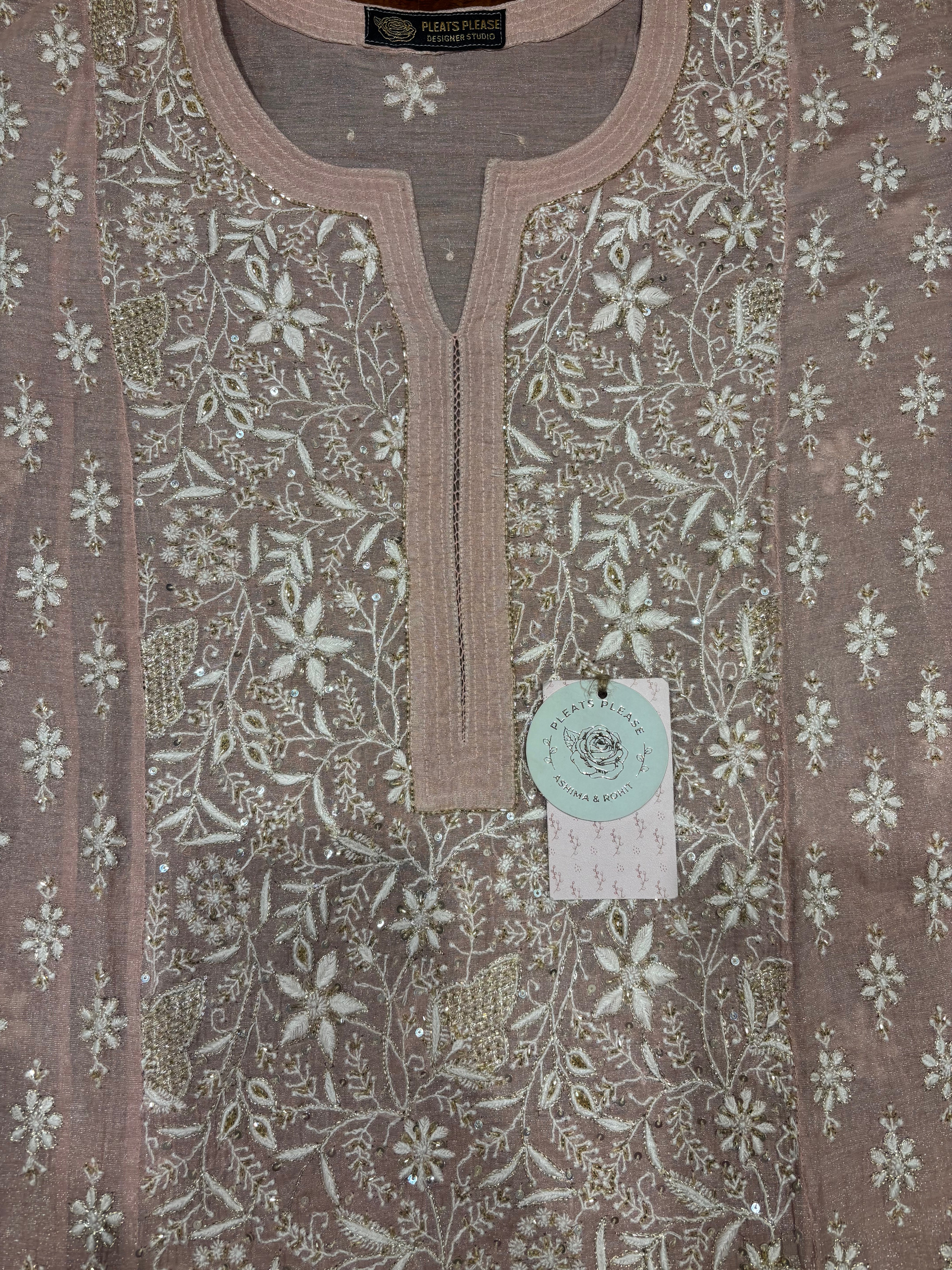 Pink Pure and Premium Silver Tissue Chikankari Kurta and Dupatta Set