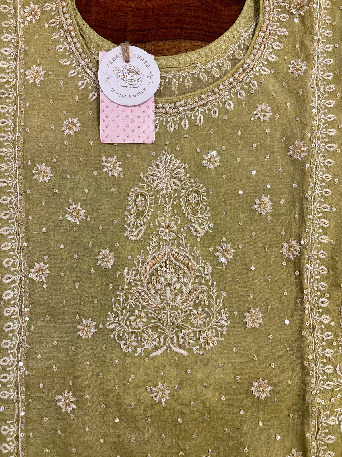 Warm Green Pure & Premium Tissue Pearl Neckline Chikankari Kurta & Dupatta
