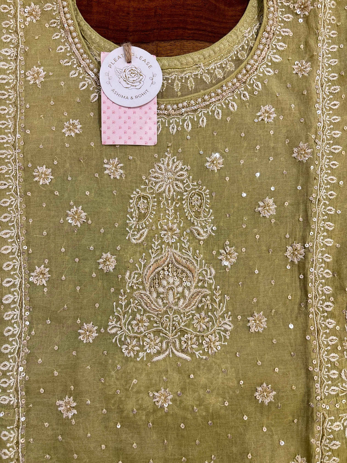 Warm Green Pure & Premium Tissue Pearl Neckline Chikankari Kurta & Dupatta