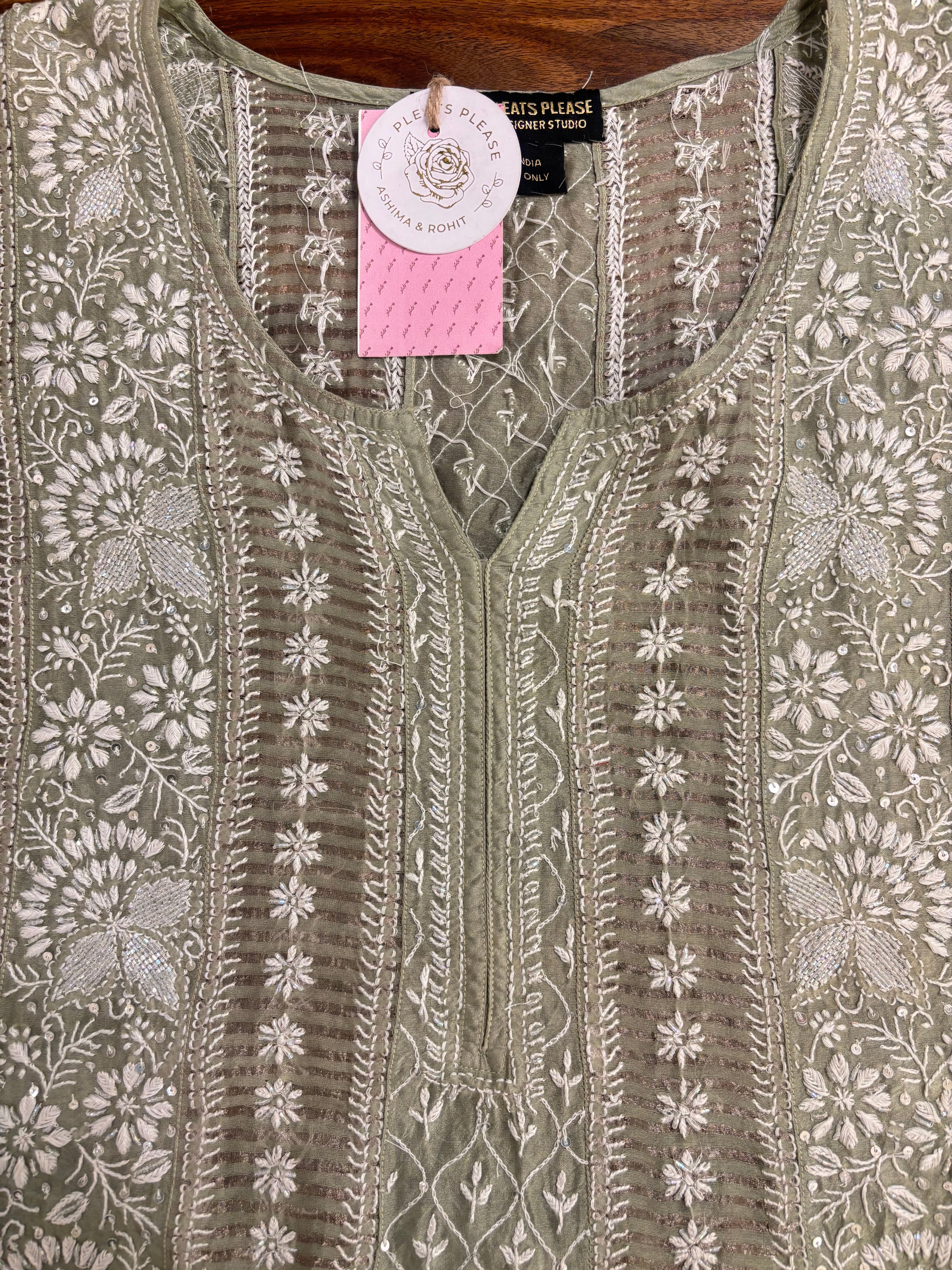 Olive Green Ombré Chanderi Chikankari Anarkali & Dupatta Set