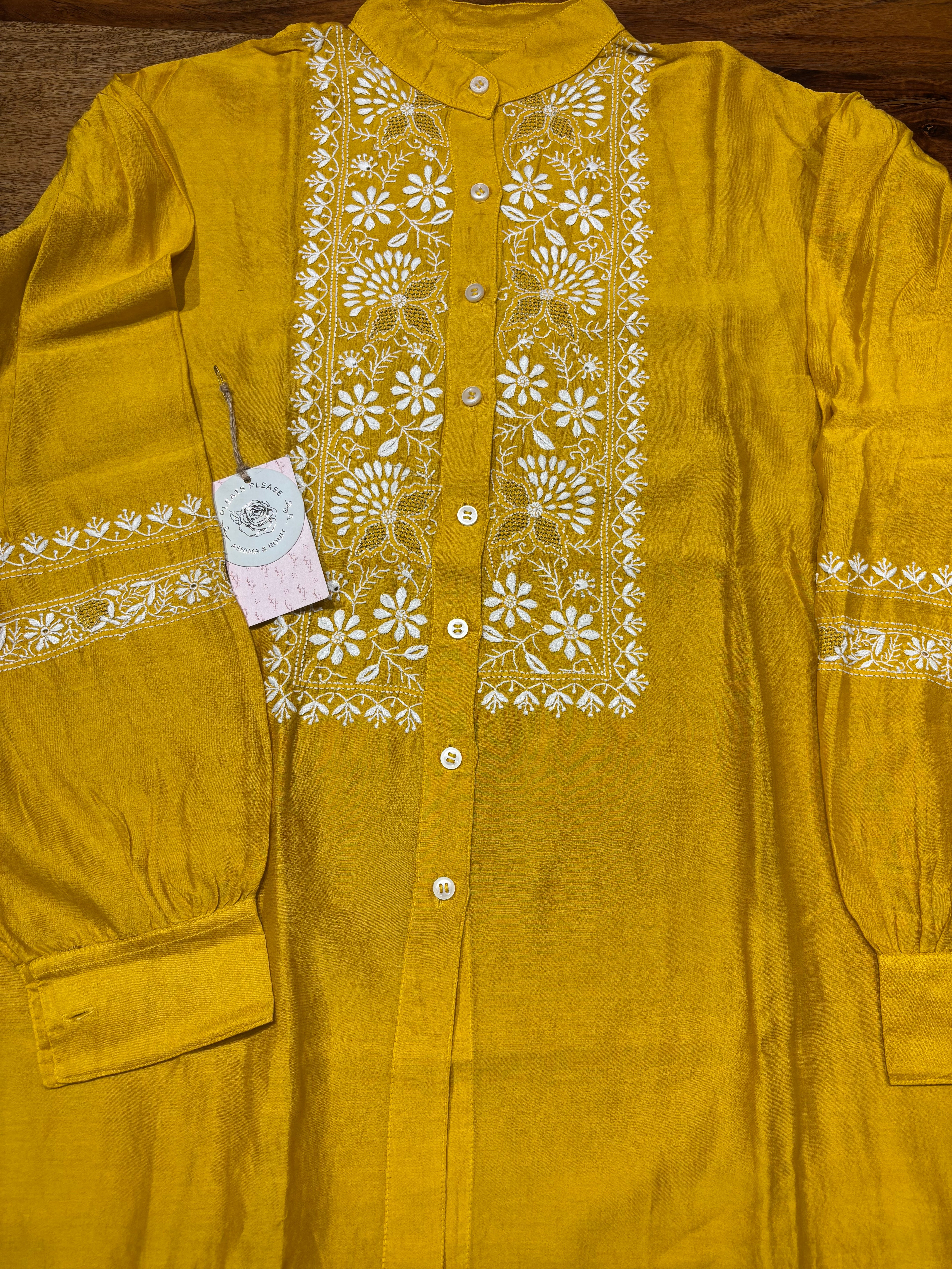 Mustard Chanderi Silk Chikankari Shirt