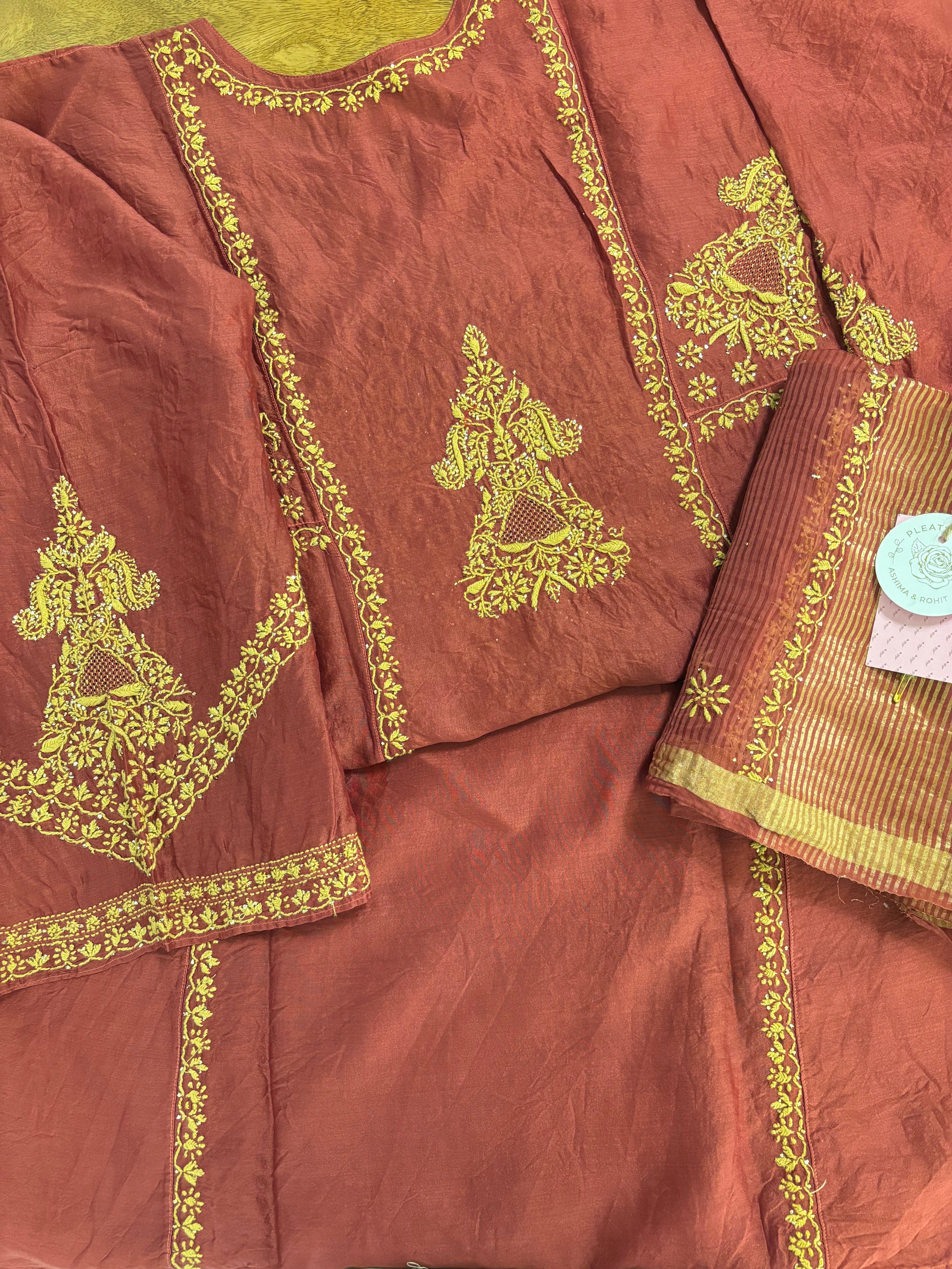 Maroon Chanderi Silk A-line Chikankari Mukaish Kurta & Dupatta Set