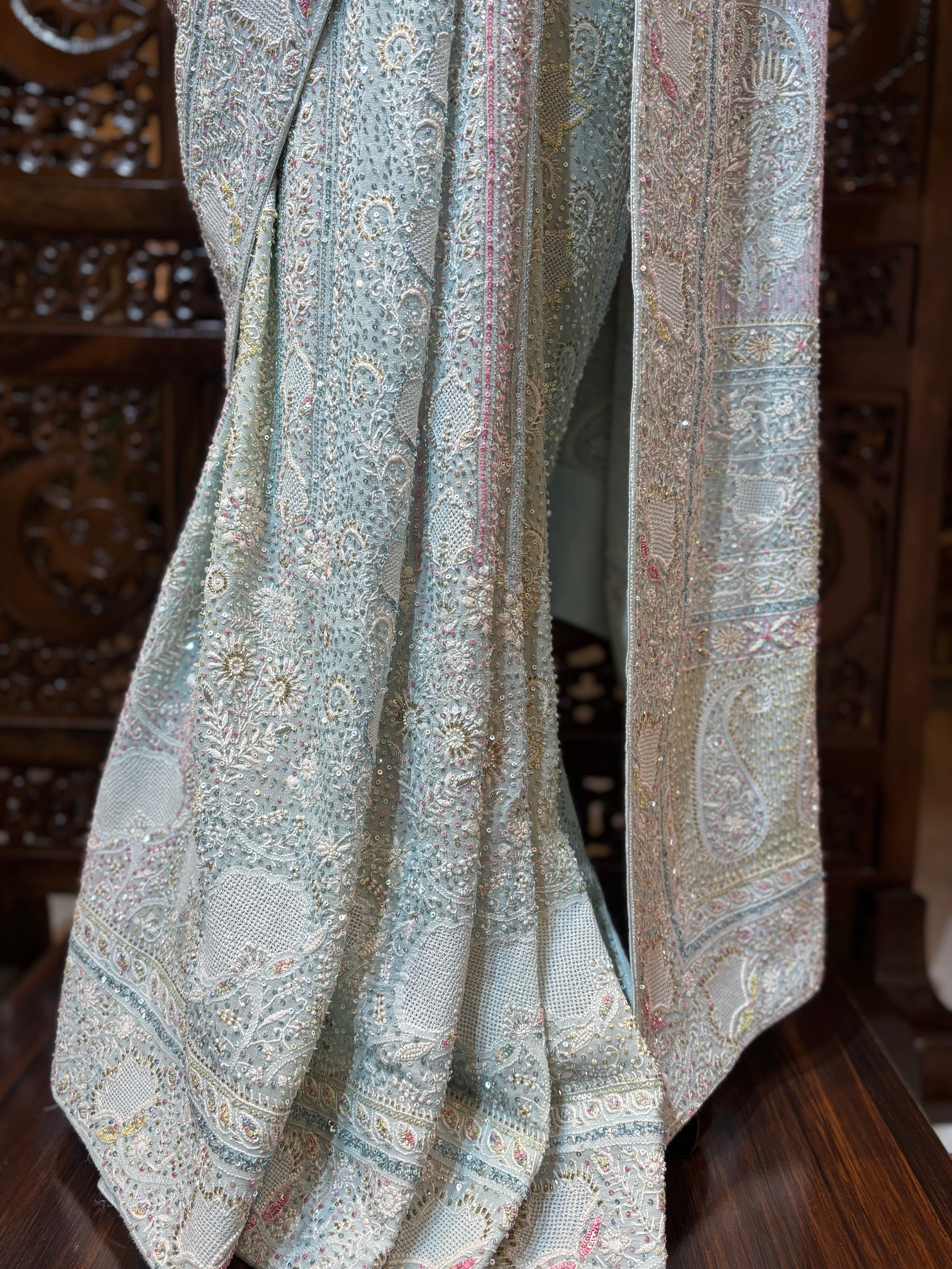 Aqua Blue Pure & Premium Georgette Chikankari Saree & Blouse - Pleats PleaseChikankari