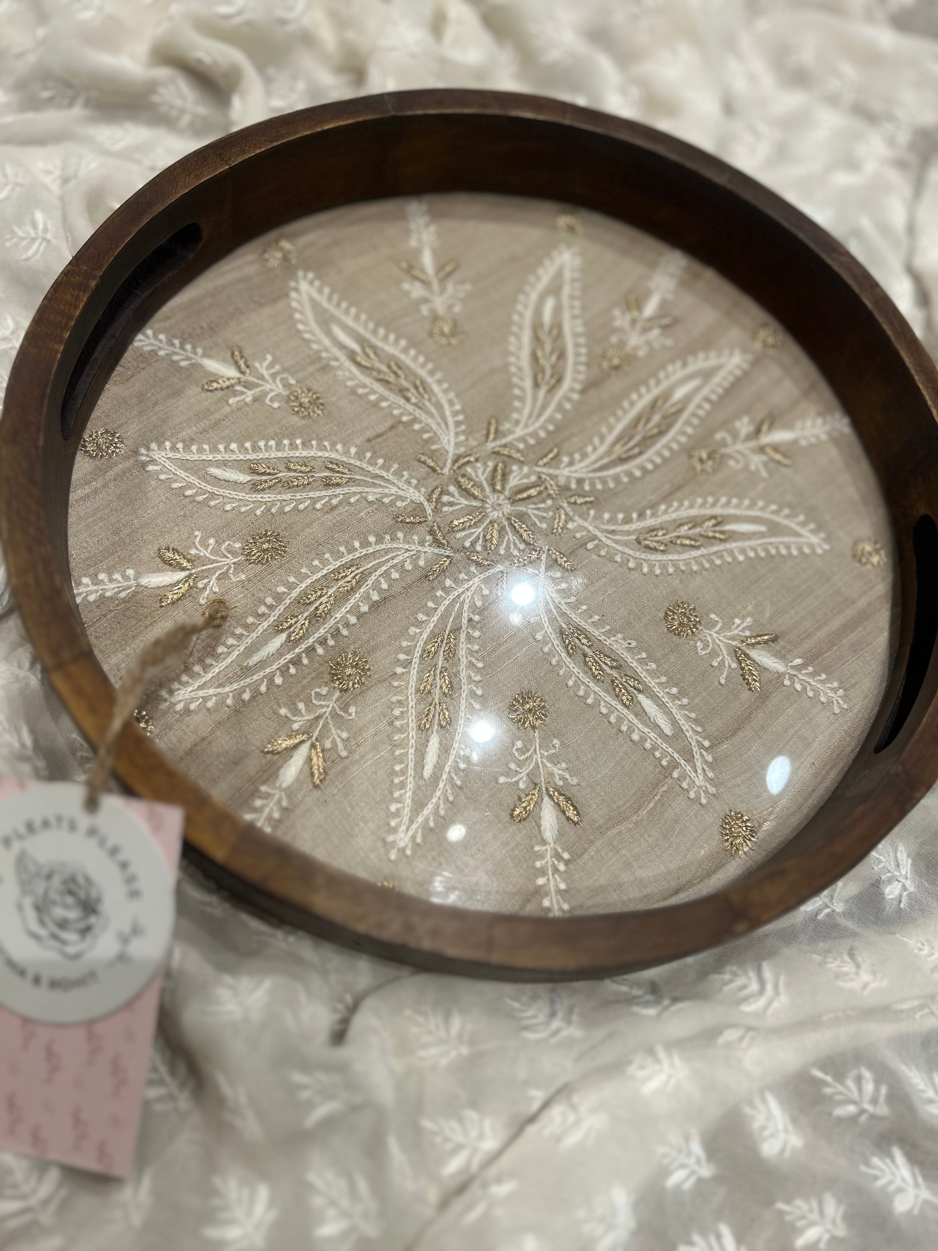 Fawn Silk Circle Chikankari Wooden Tray