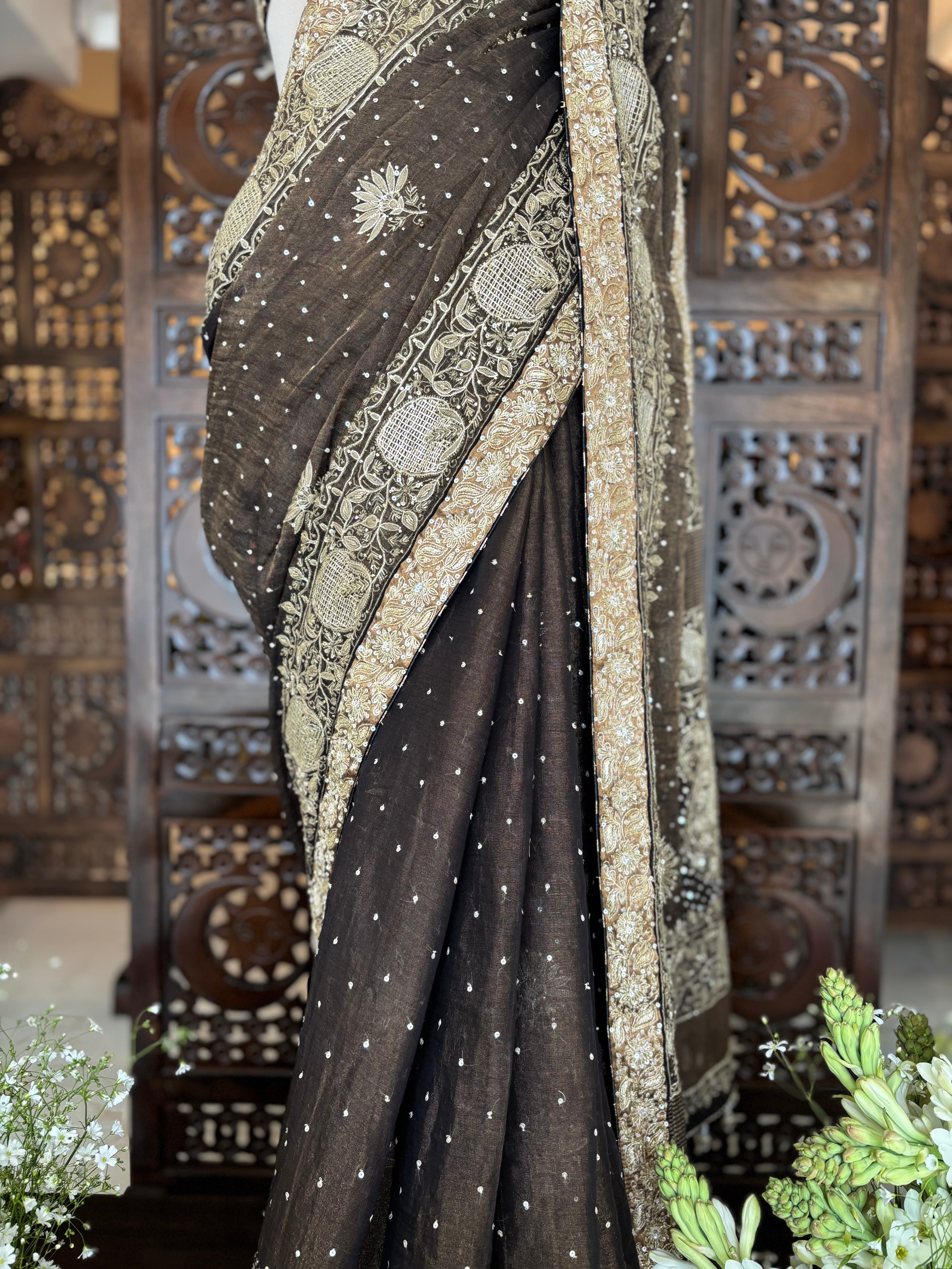 Black Pure and Premium Tissue Chikankari Saree and Blouse - Pleats PleaseChikankari