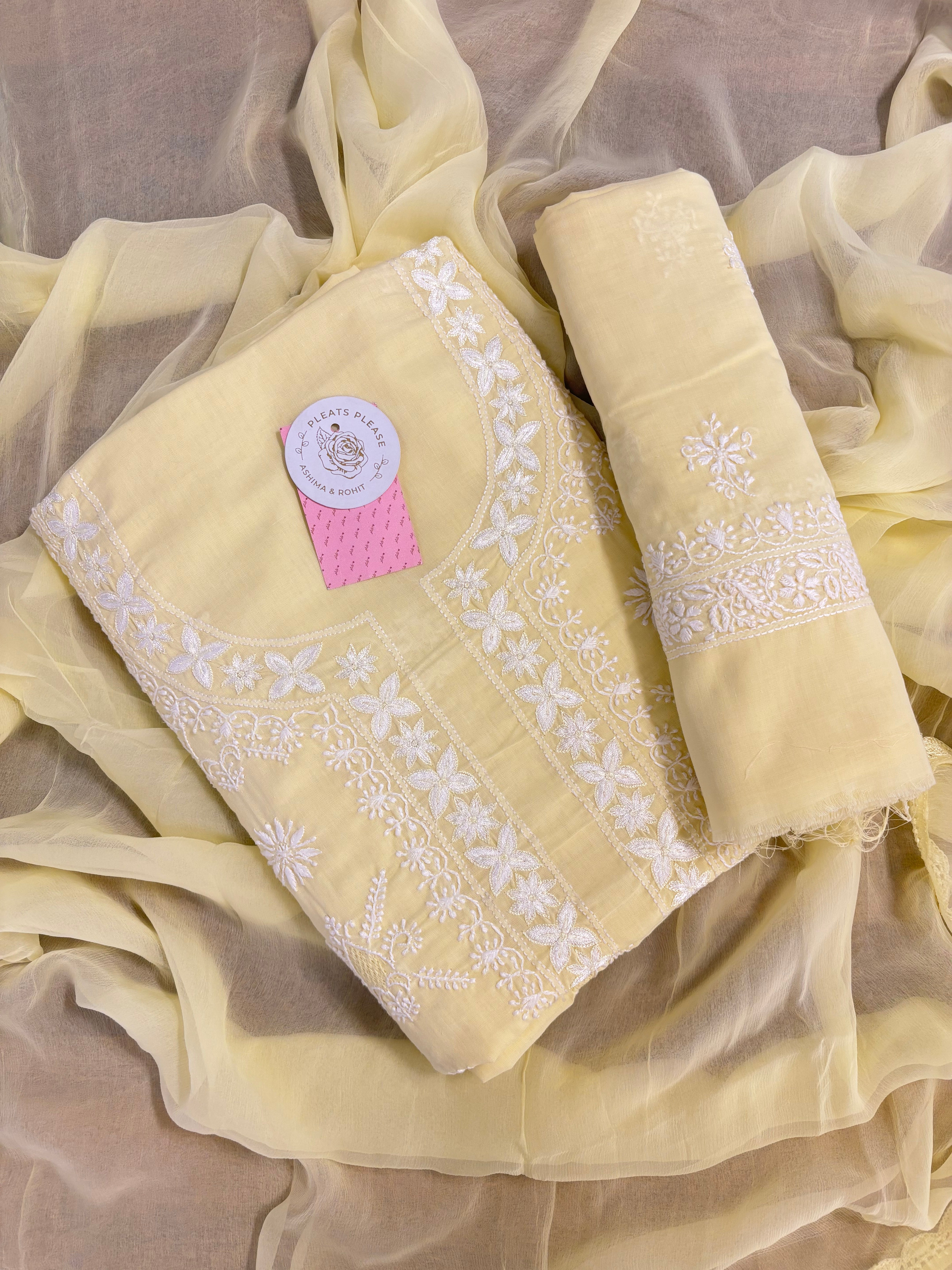 Pale Yellow Cotton Chikankari Kurta, Dupatta With Bottom