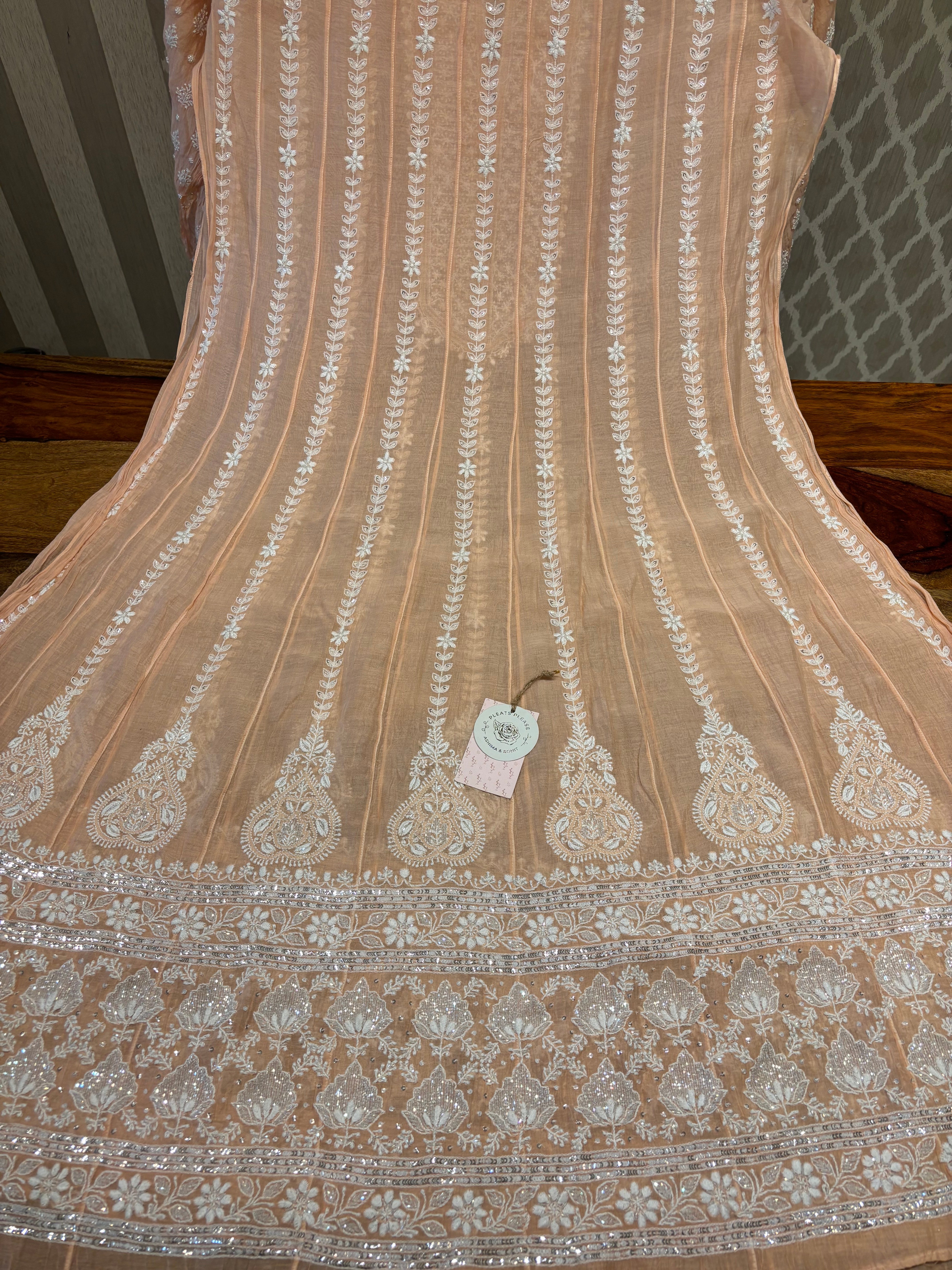 Peach Chanderi mul Chikankati Anarkali &Dupatta Set