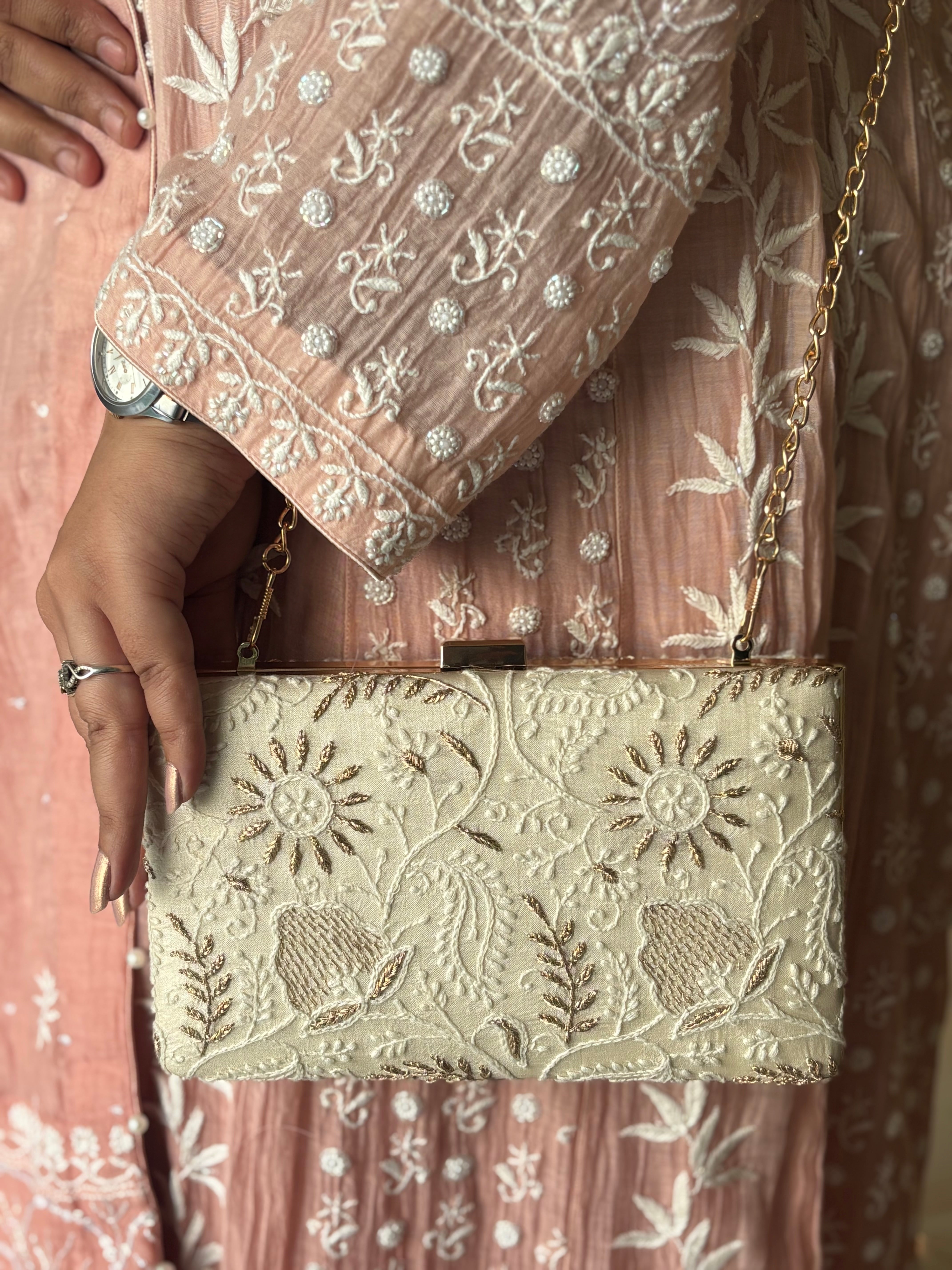 White Silk Chikankari Clutch