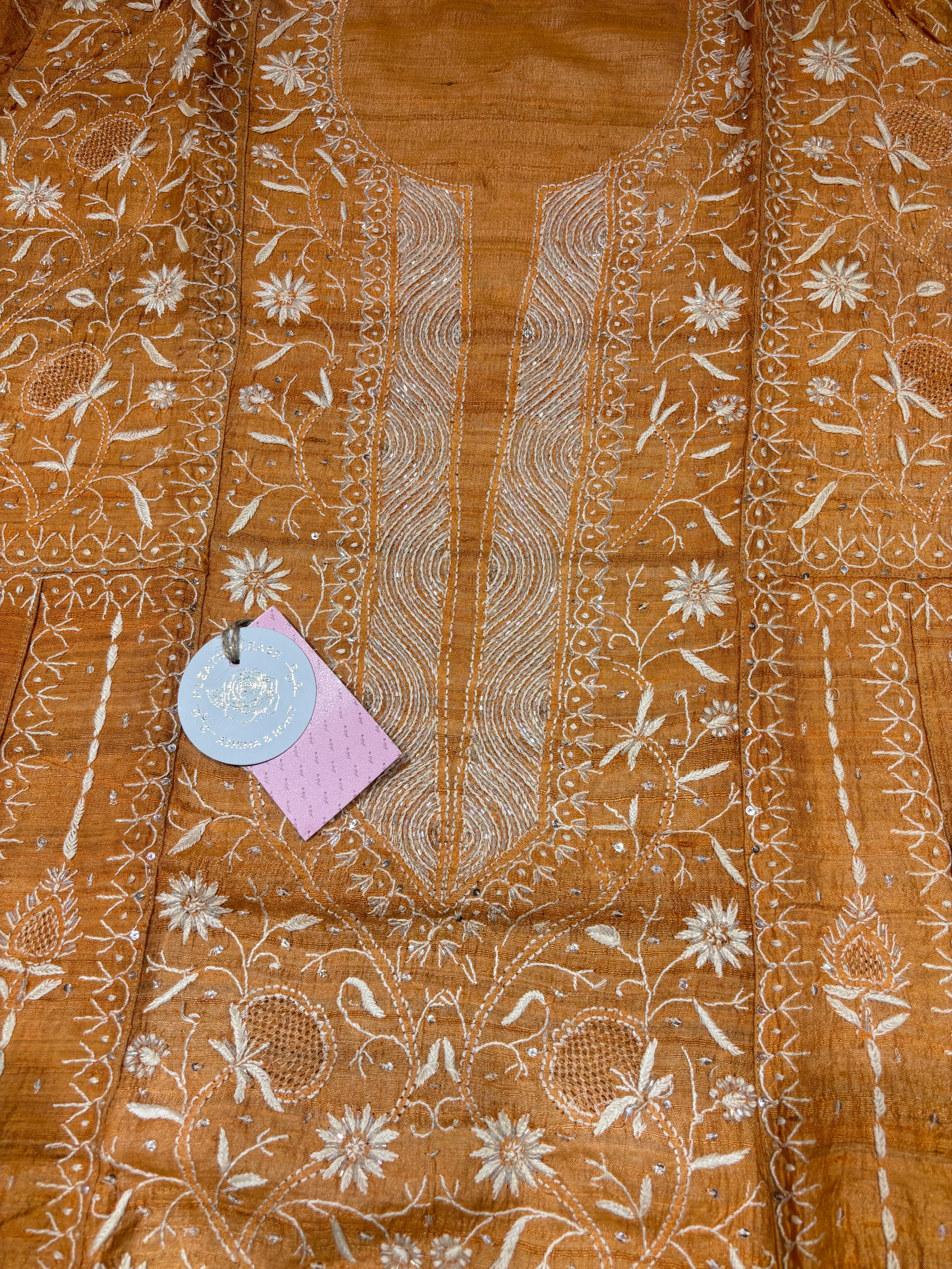 Orange Pure & Premium Tussar Silk Chikankari Anarkali & Dupatta Set