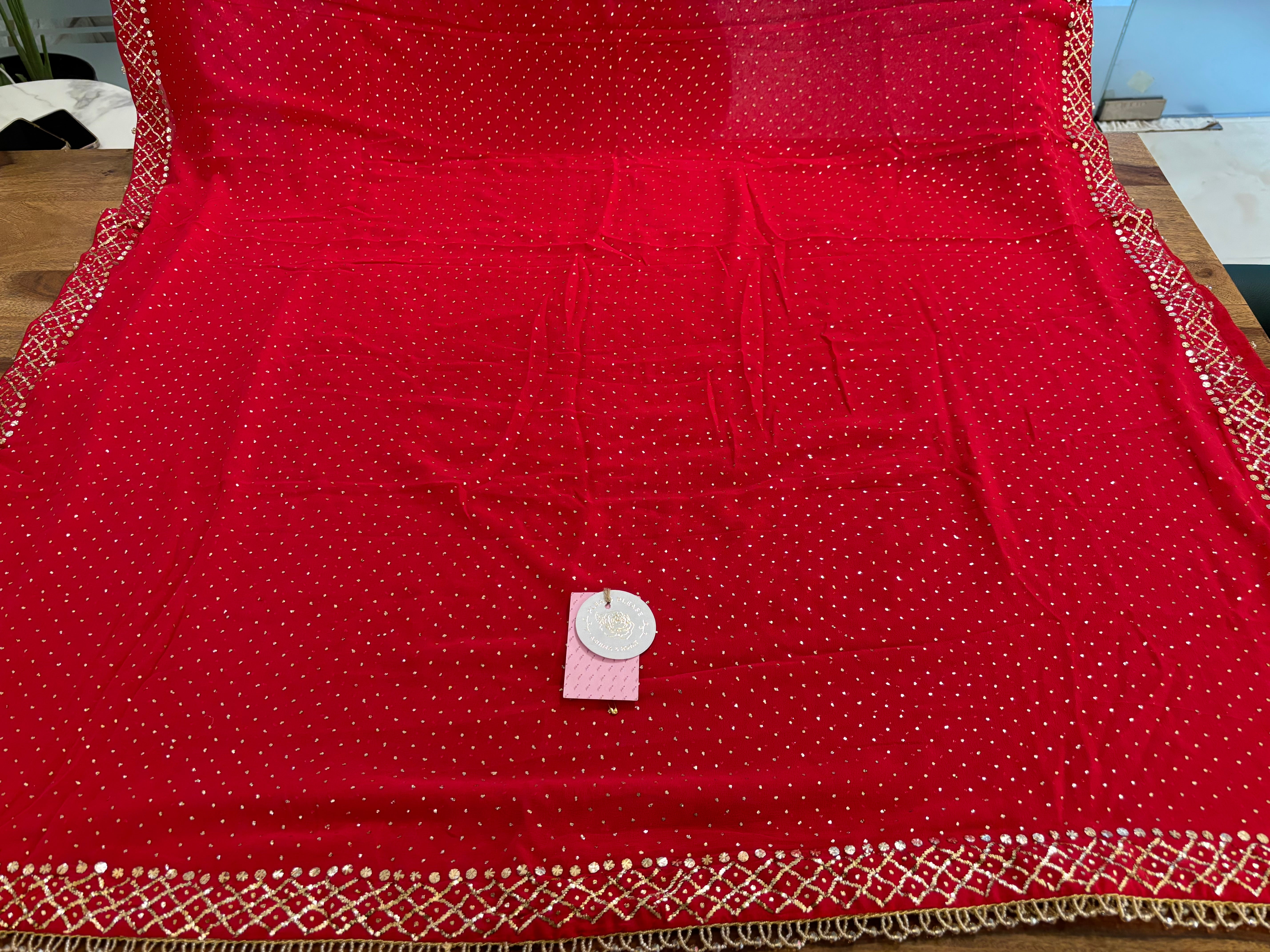 Red Pure & Premium Georgette Mukaish A-Line Kurta & Dupatta