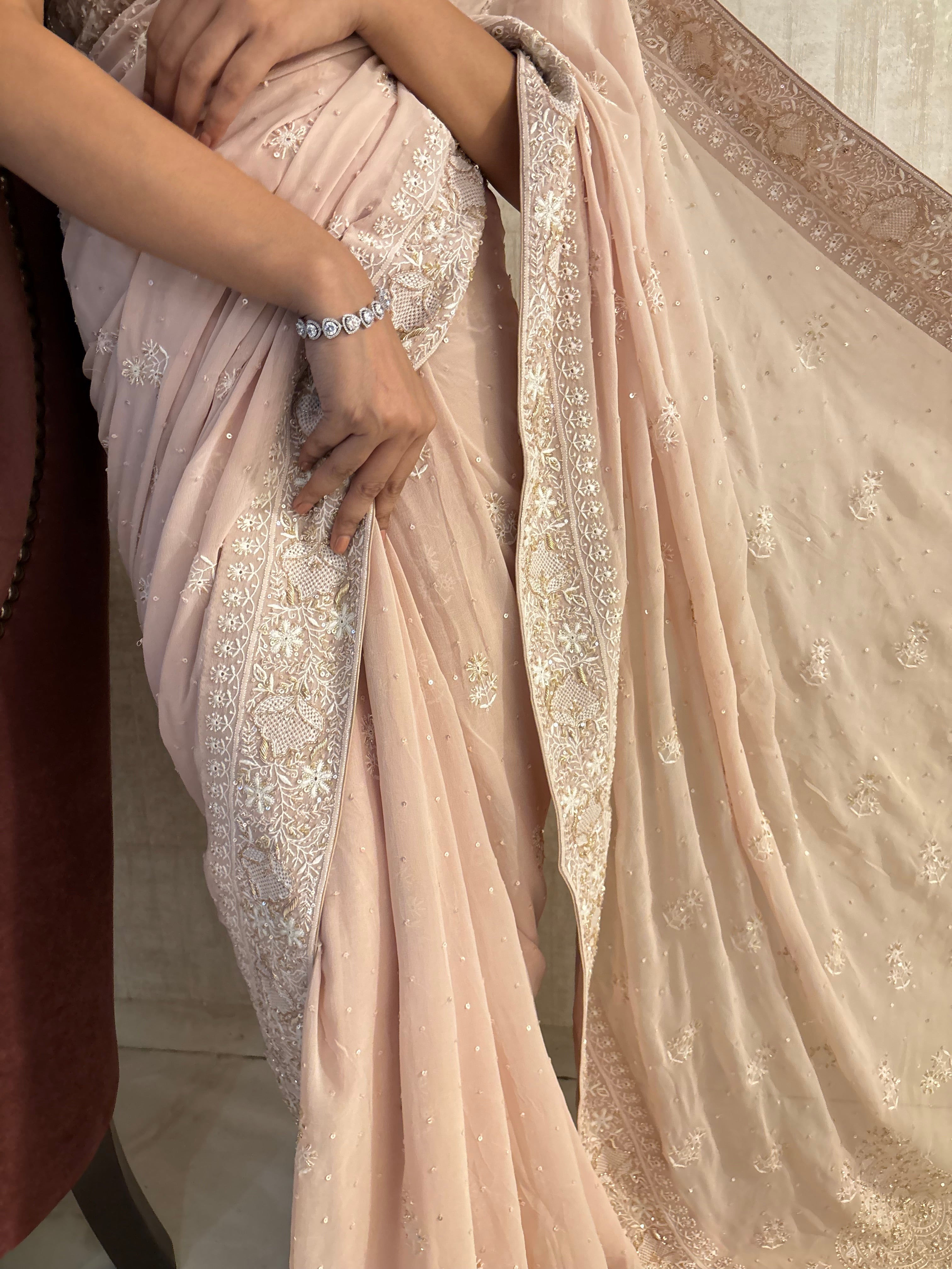 Peach Pure & Premium Georgette Chikankari Saree & Blouse