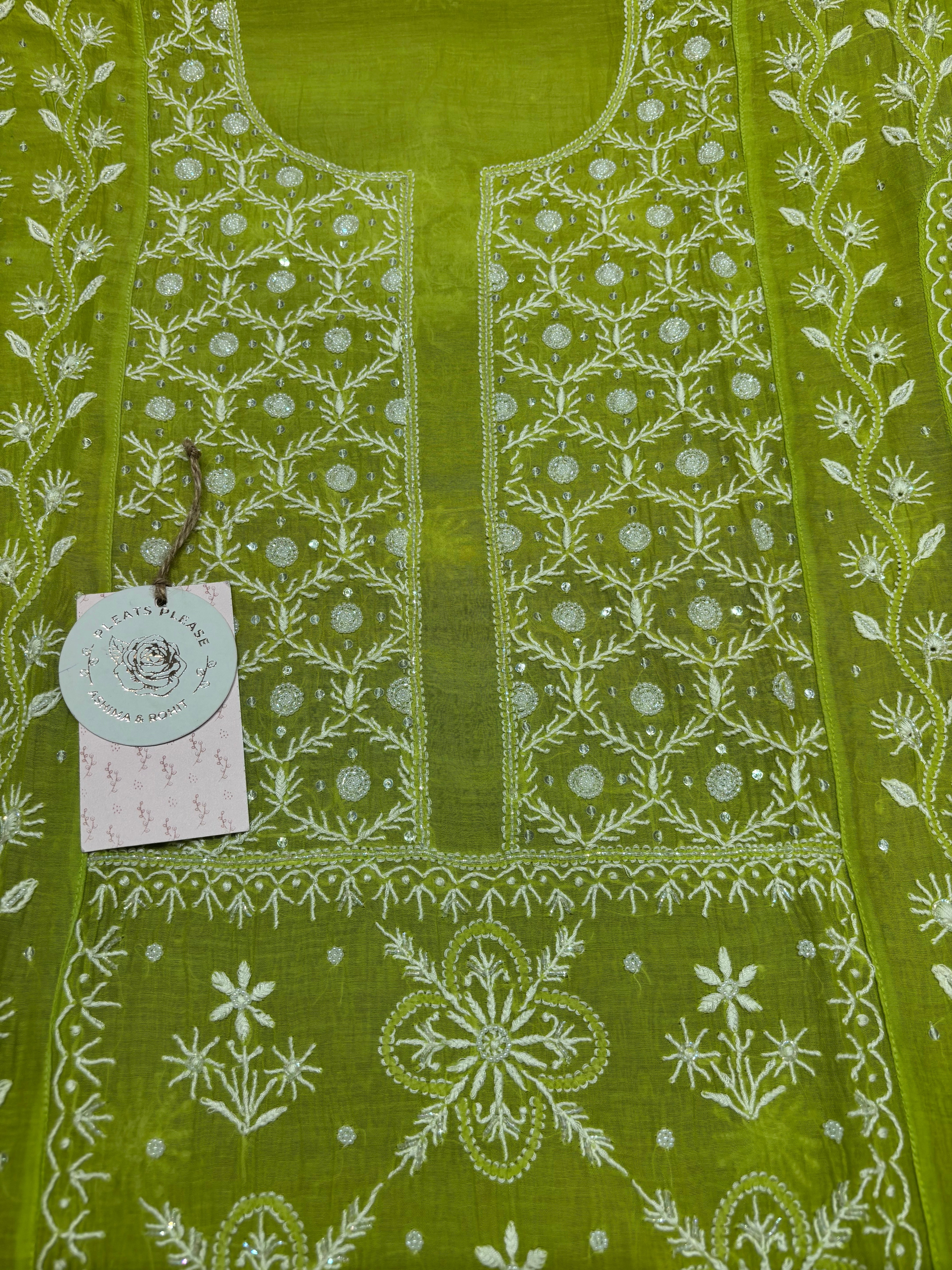 Green Apple Mist Chanderi Mul Chikankari Anarkali And Dupatta Set