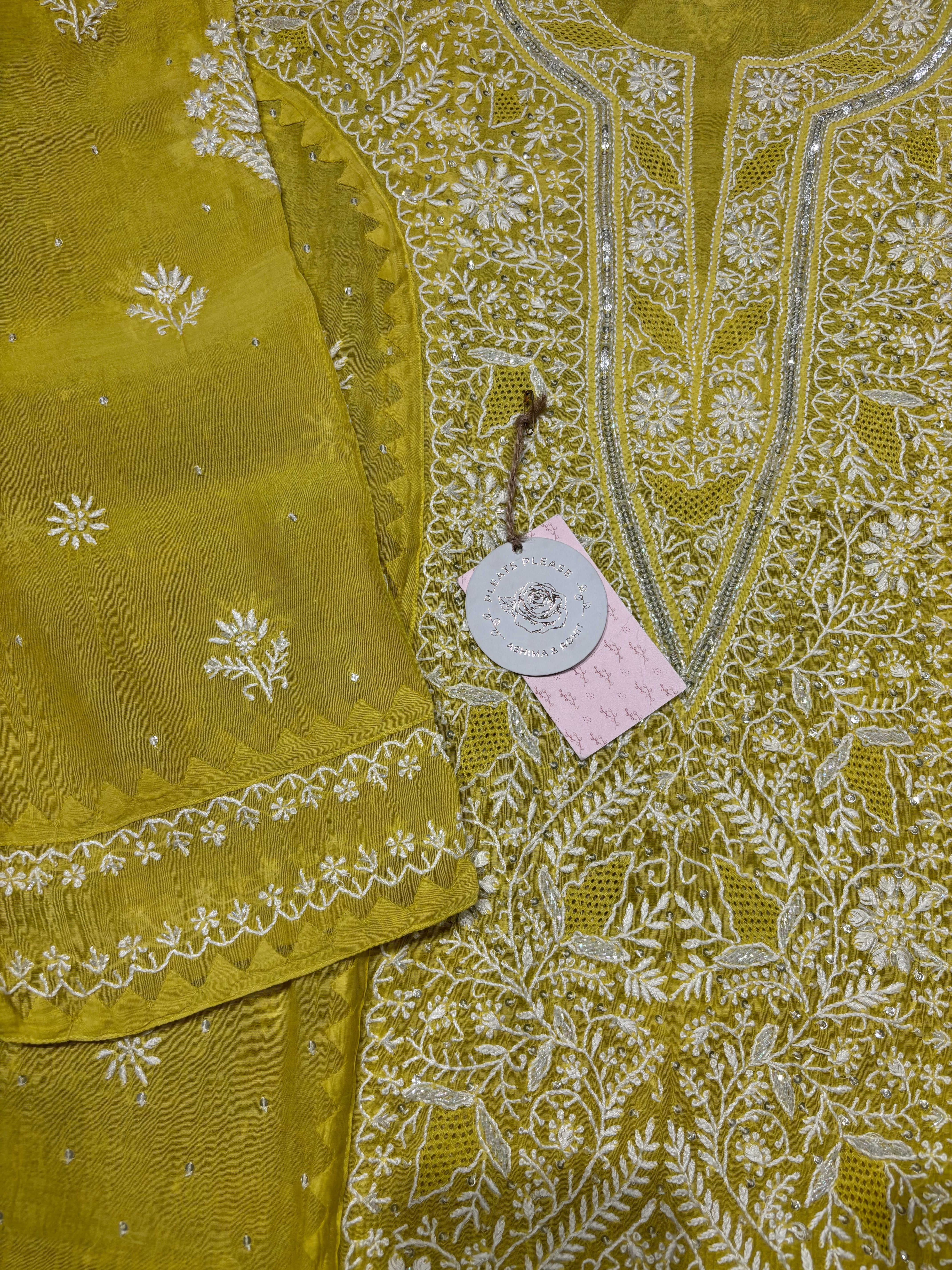 Lime Yellow Chanderi Mul Chikankari Kurta and Dupatta set