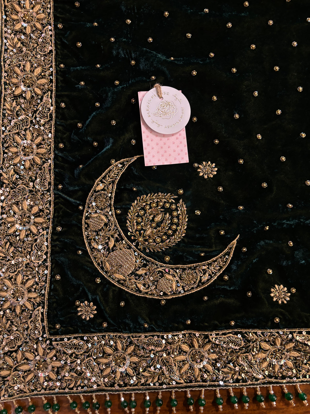 Dark Green Velvet Chikankari Zardozi Embellished Shawl