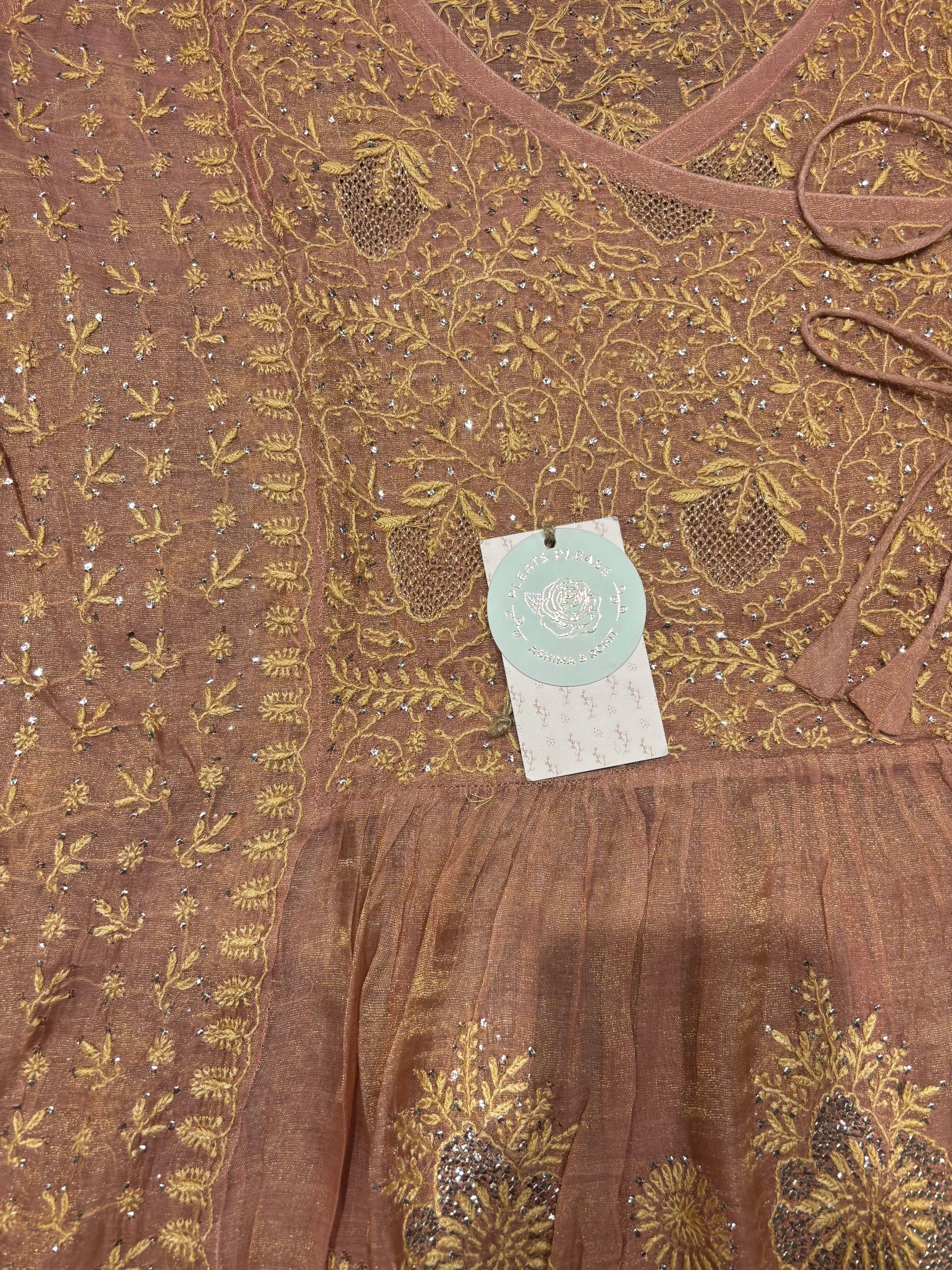 Rose Gold pure & Premium Tissue Chikankari & Mukaish Angrakha Kurta and Dupatta Set