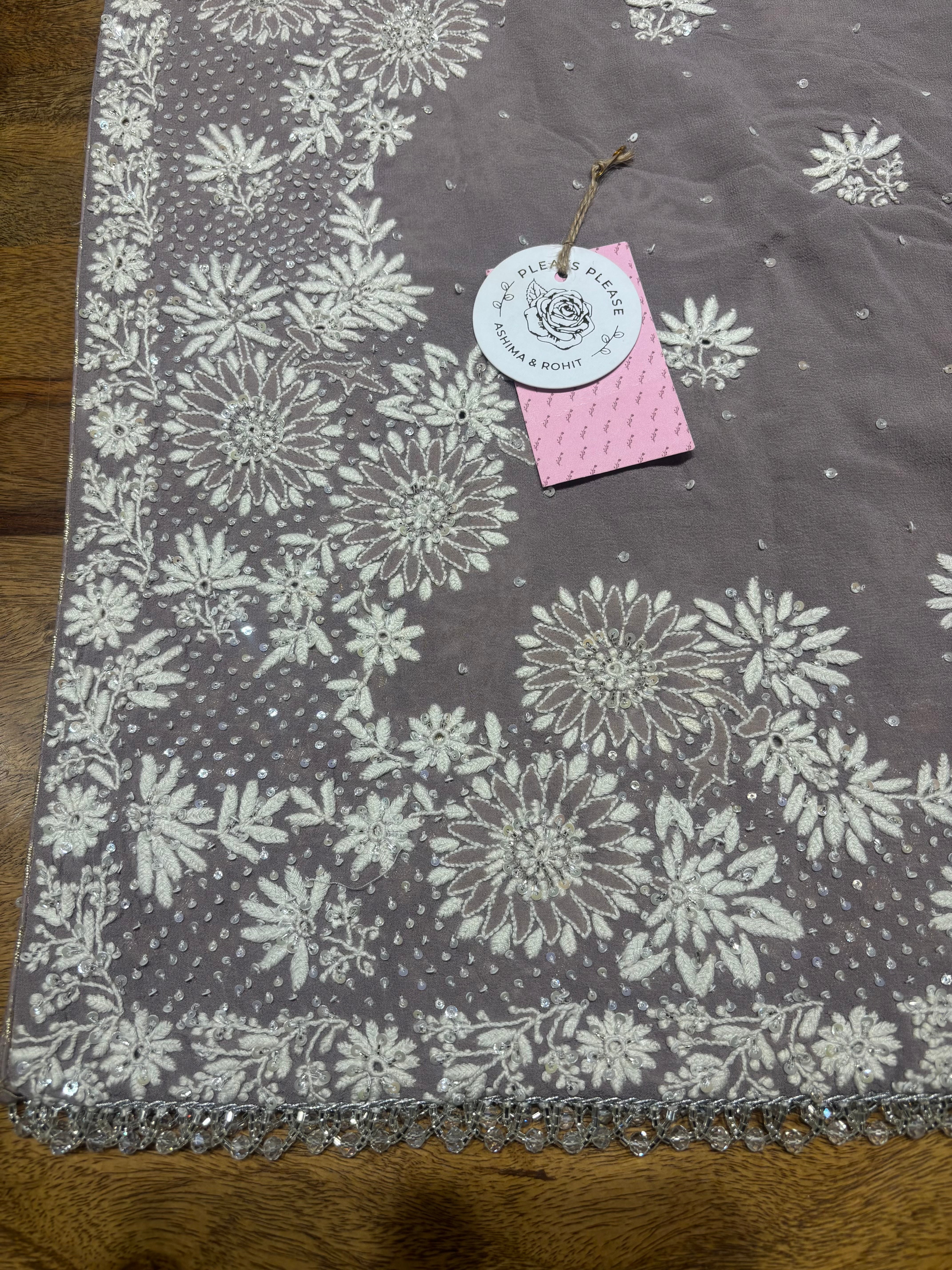 Ash Gray Pure & Premium Georgette Chikankari Kurta & Dupatta Fabric