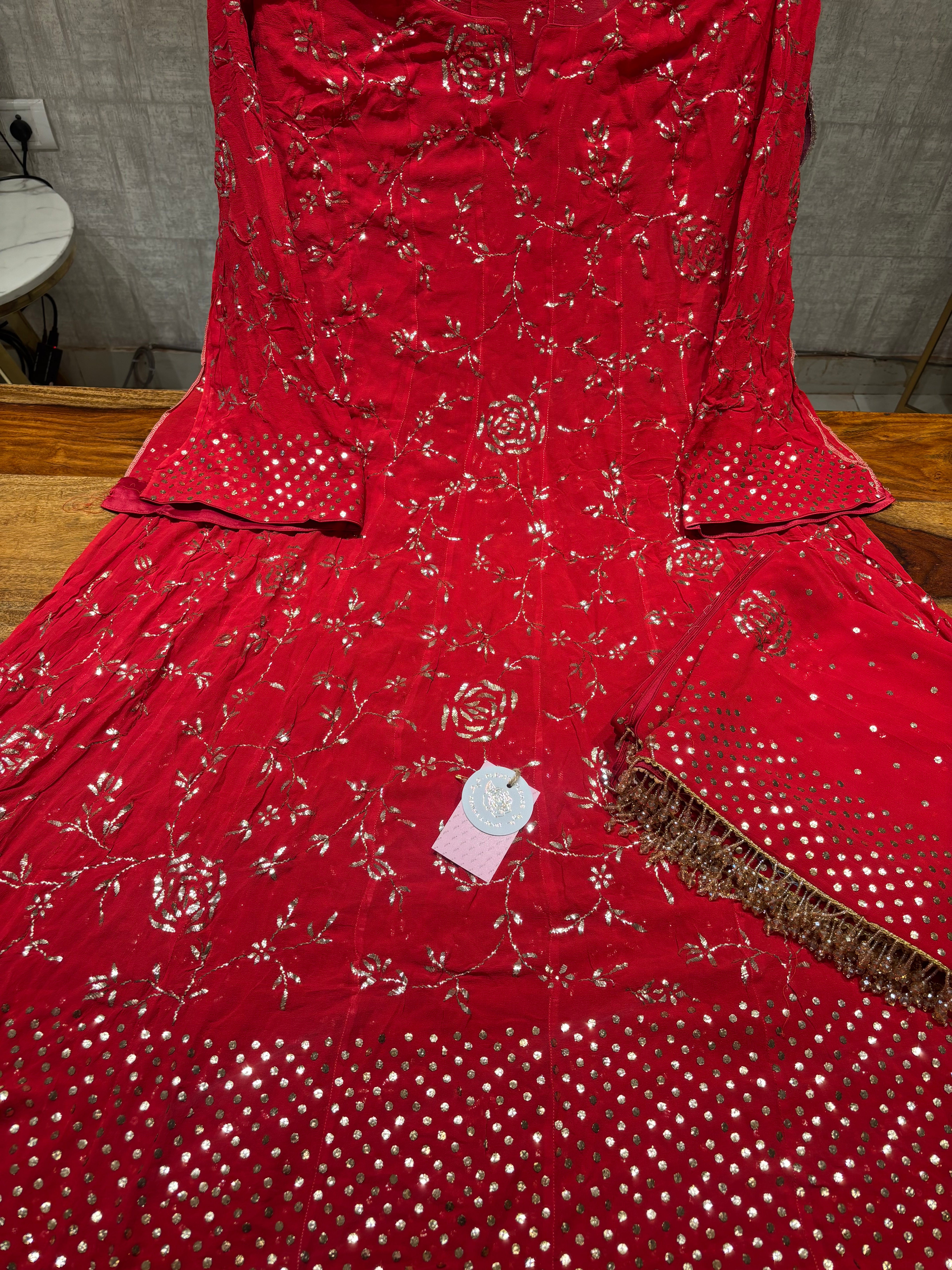 Red Pure and Premium Georgette Mukaish Anarkali and Dupatta Set