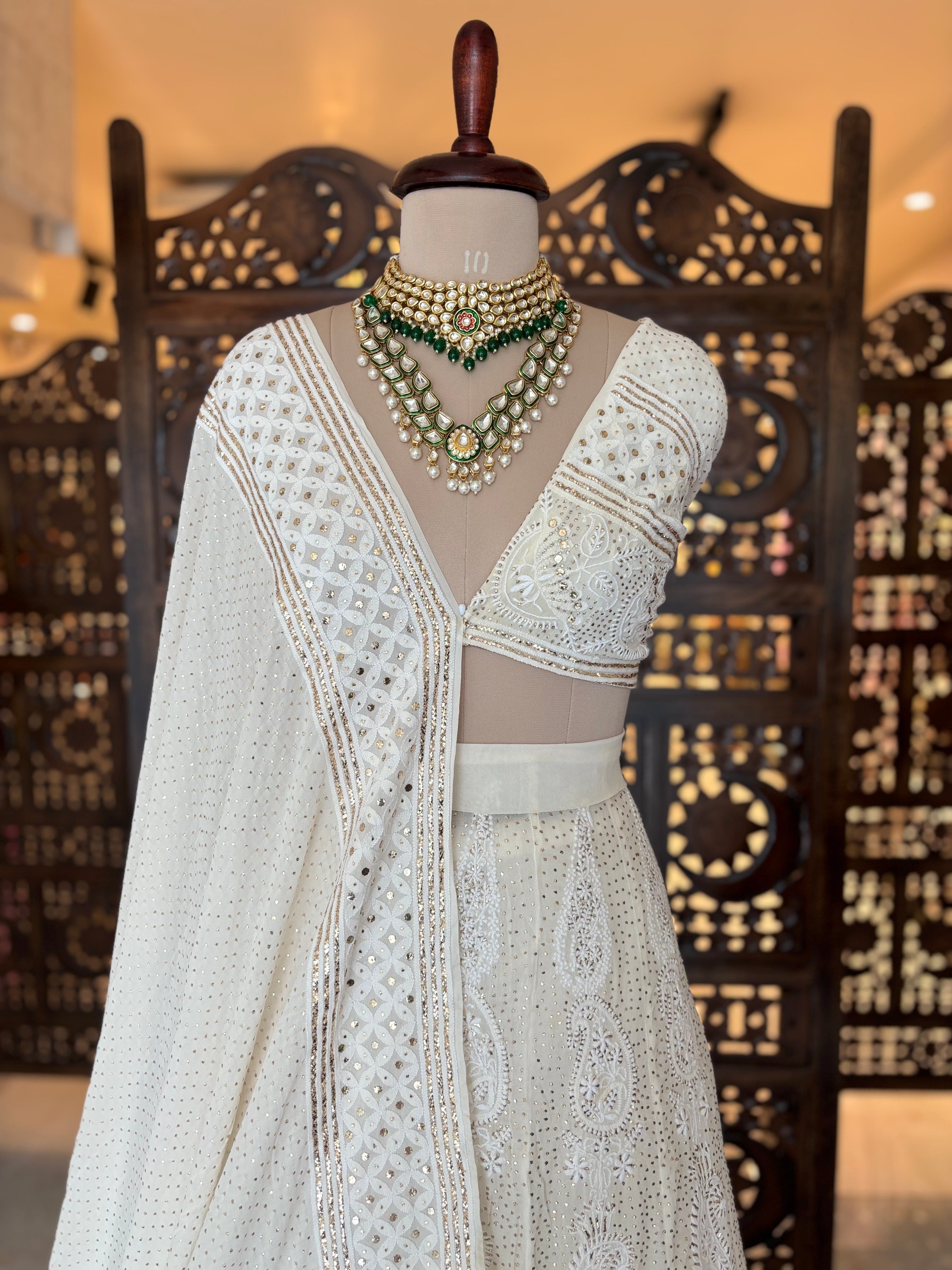 White Dyeable Pure & Premium Georgette Mukaish Chikankari Lehenga