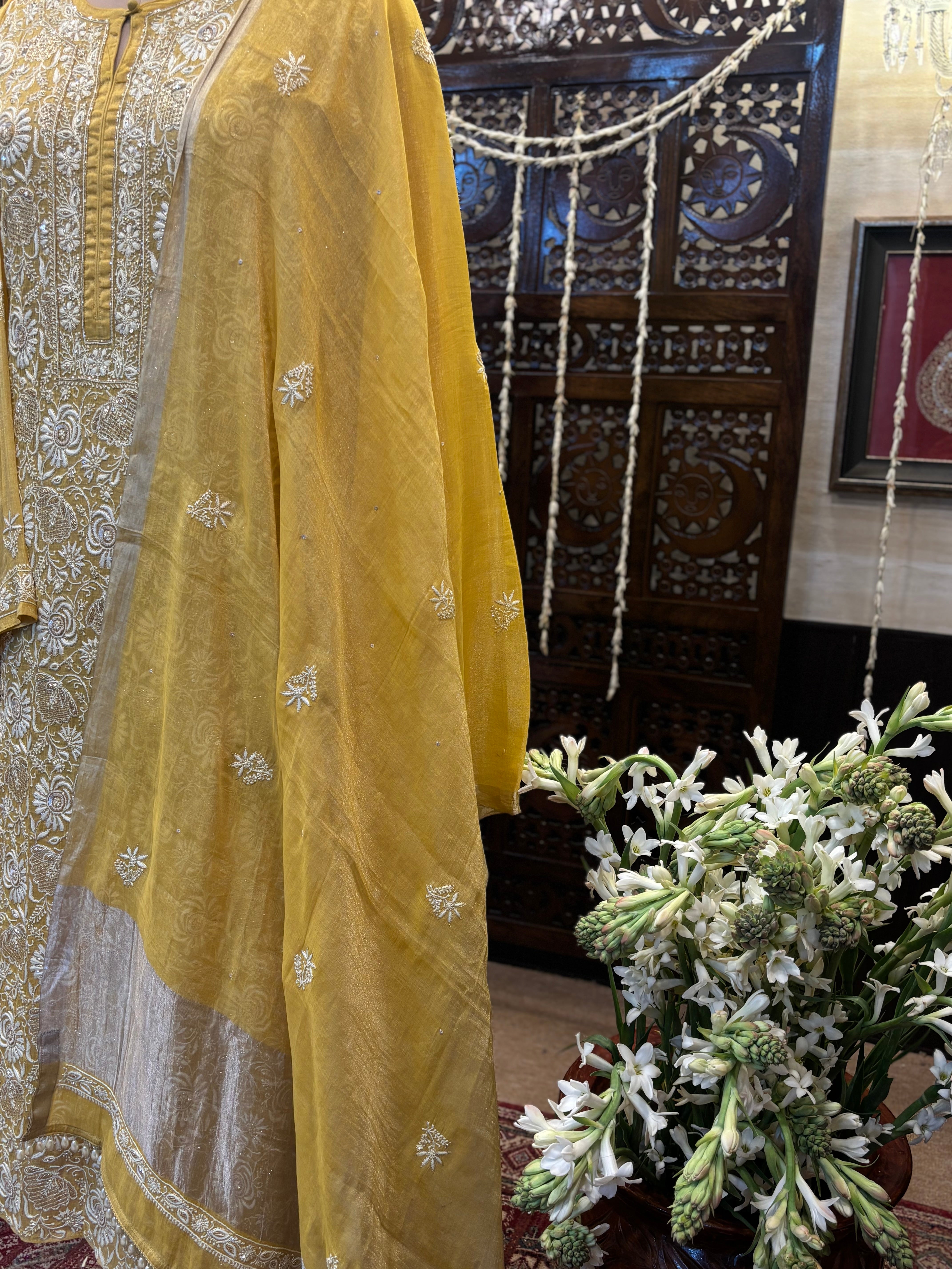 Mustard Pure & Premium Tissue Chikankari Kurta & Dupatta Set