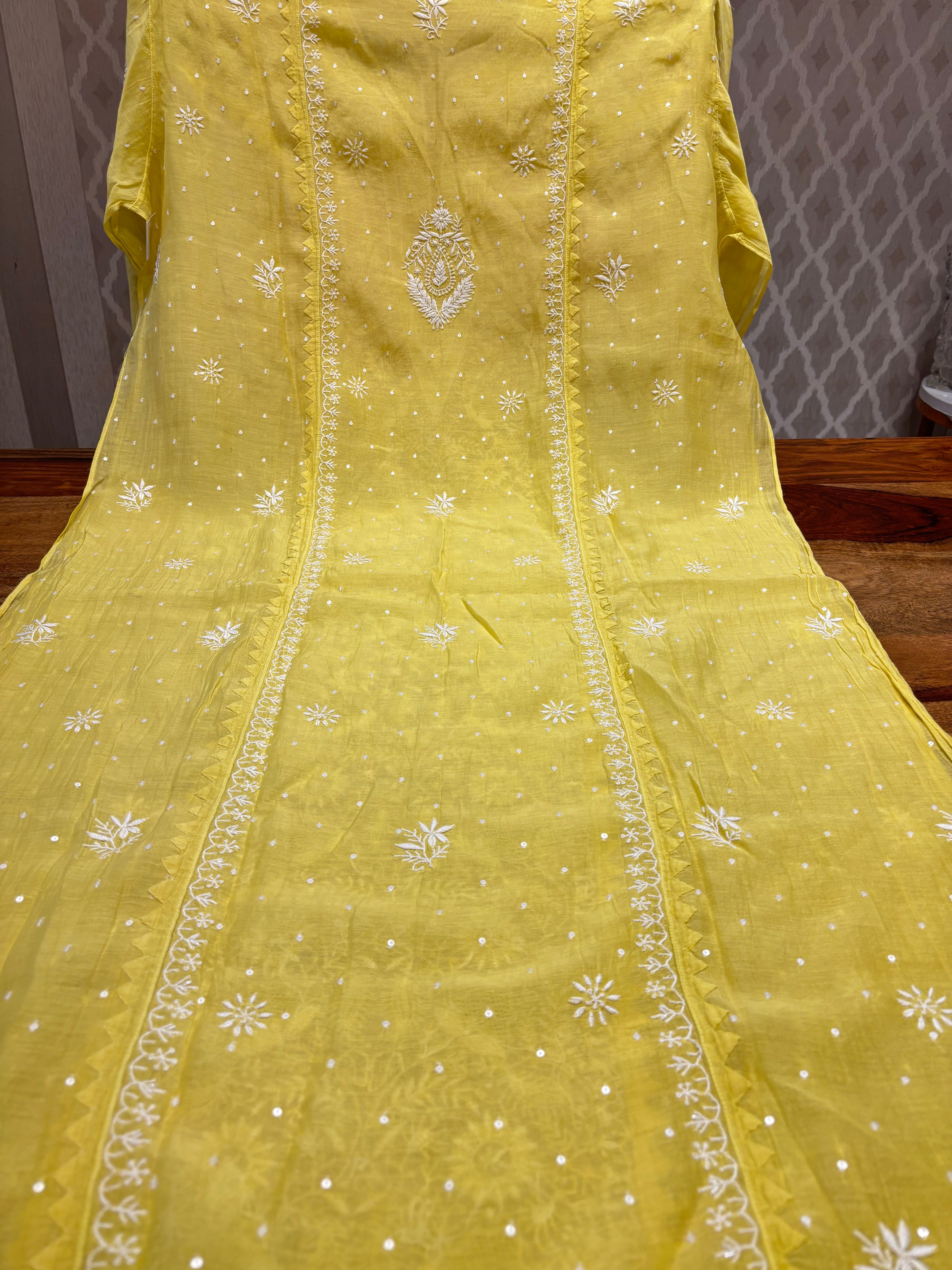 Yellow Chanderi Mul Chikankari Kurta and Dupatta set