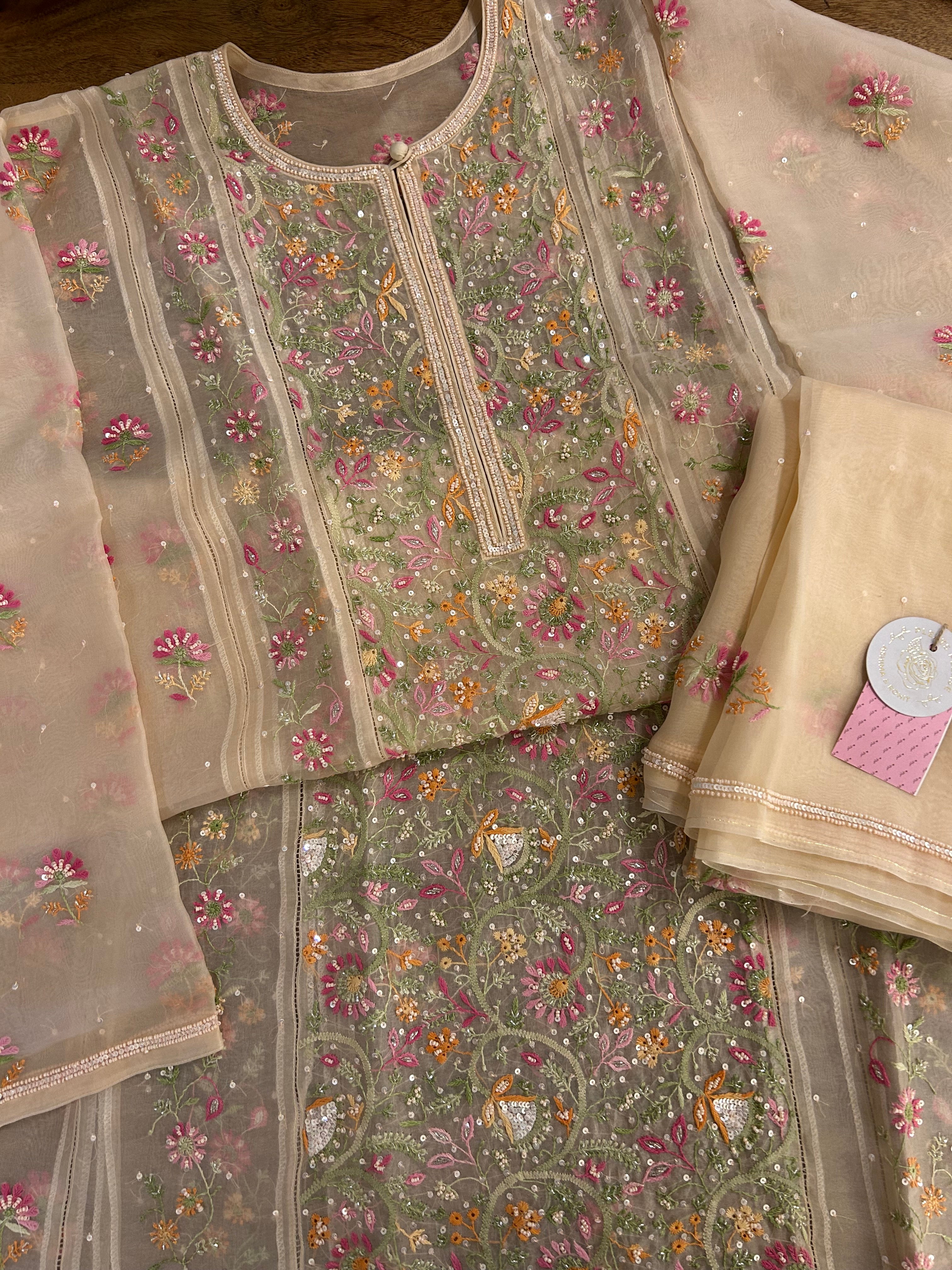 Blush Cream Pure Organza Chikankari Kurta & Dupatta