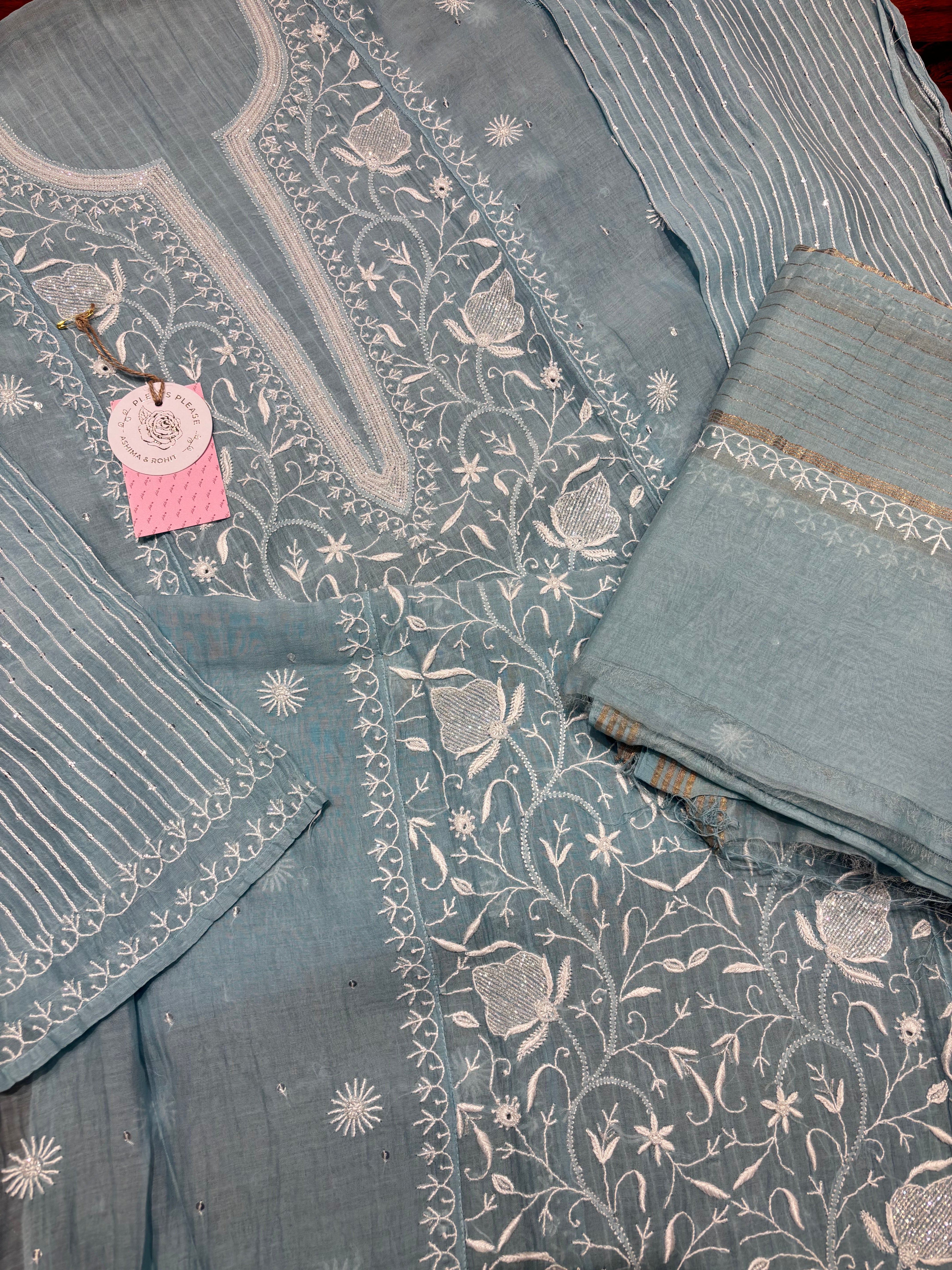 Powder Blue Chanderi Mul Chikankari Kurta and Dupatta Set