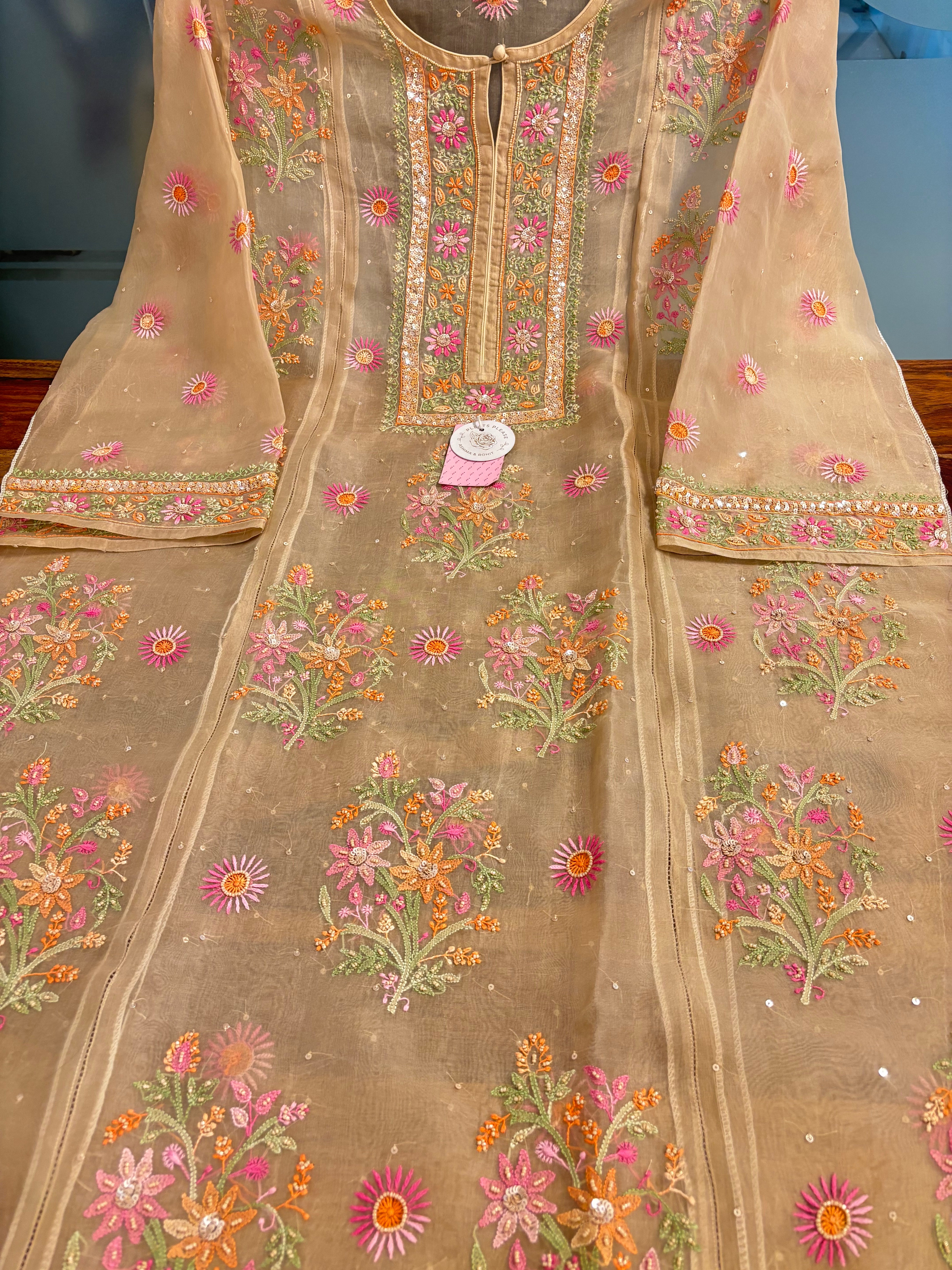 Muddy Gold Pure Organza Silk Chikankari Kurta & Dupatta