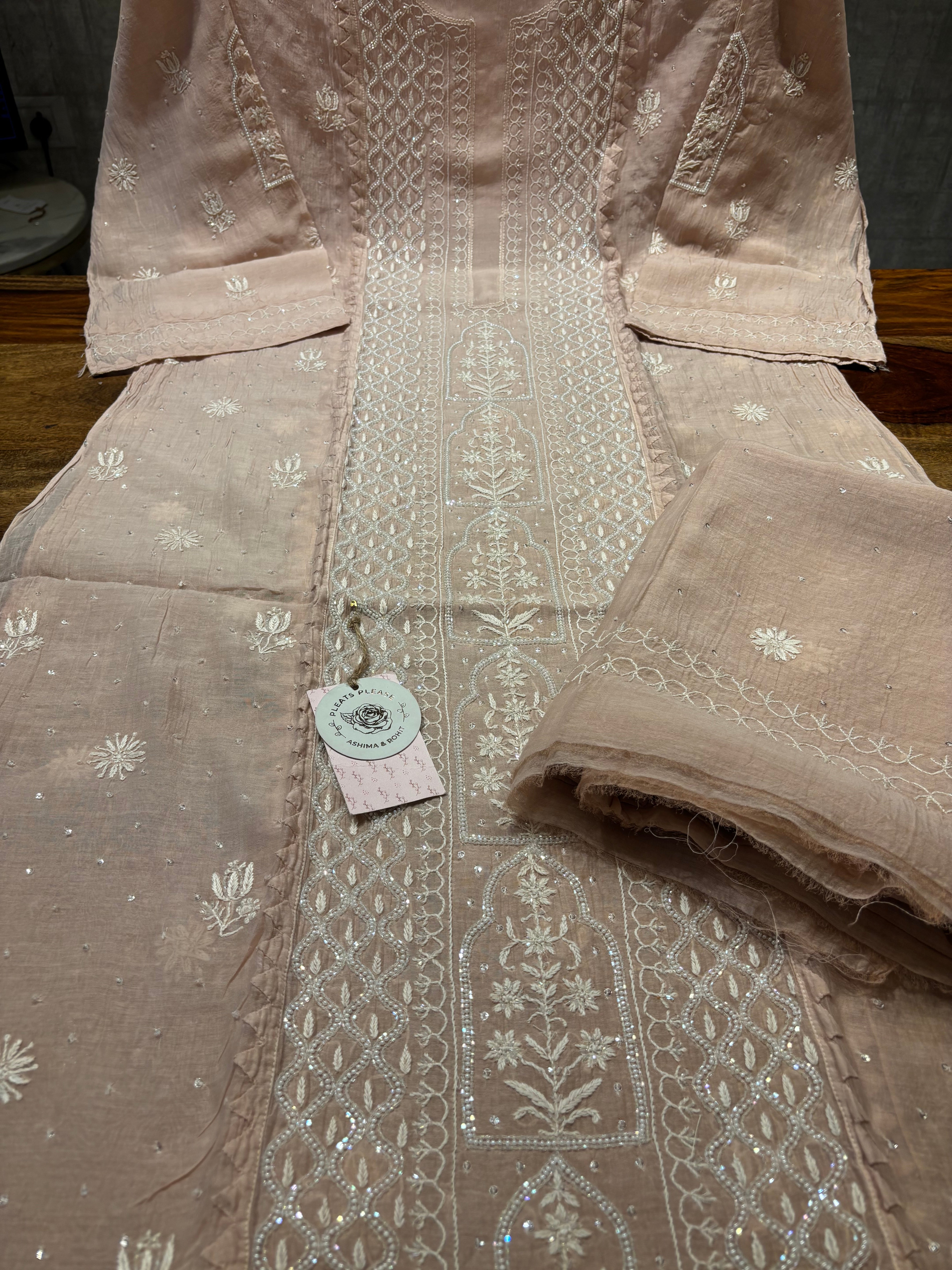 Dusty Peach Chanderi Mul Chikankari Kurta and Dupatta set
